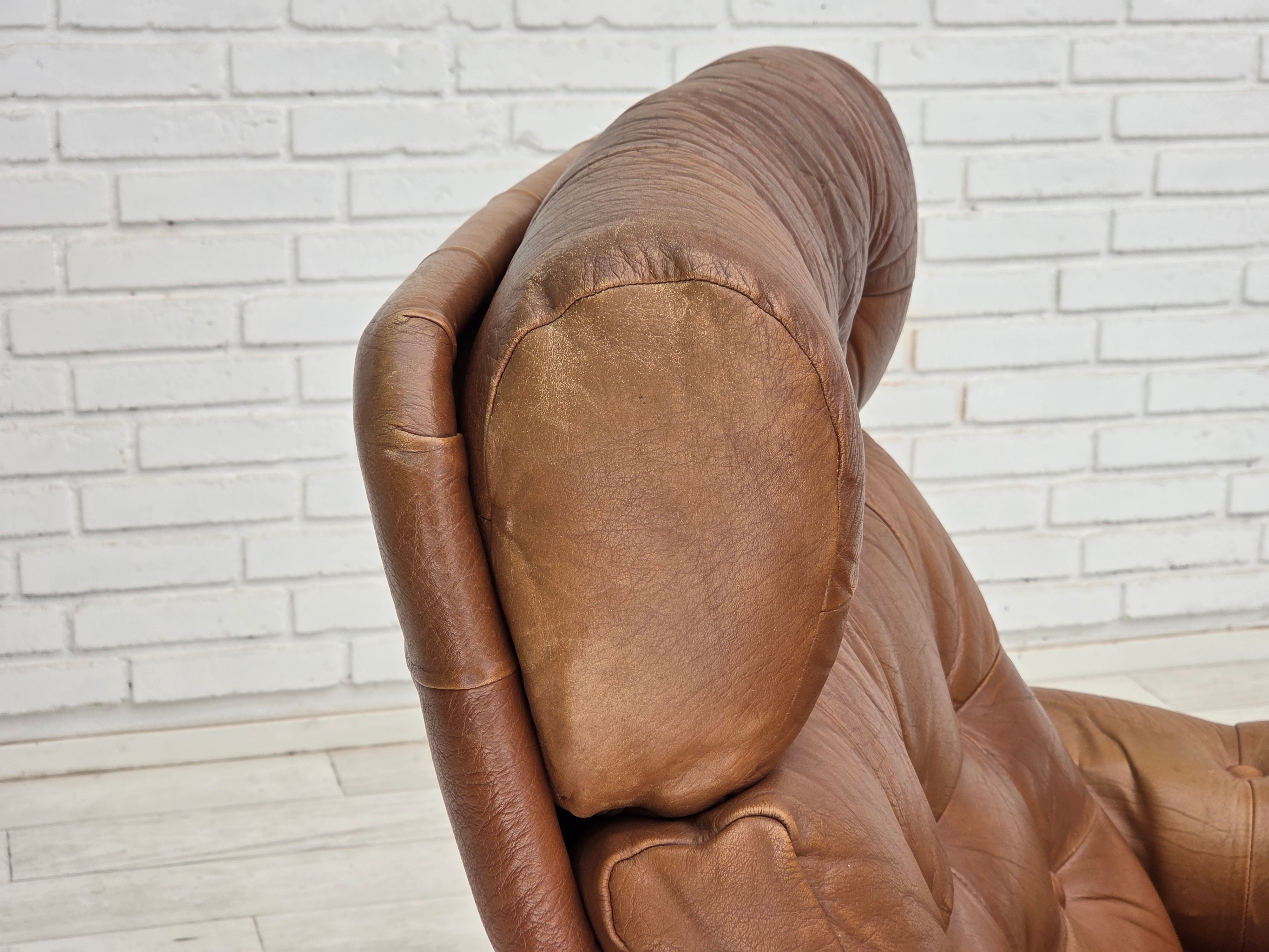 Set_of_Swedish_Armchair_with_Footstool_in_Brown_Leather_and_Dark_Beech,_Scandinavian_Design,_1970s