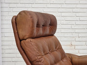 Set_of_Swedish_Armchair_with_Footstool_in_Brown_Leather_and_Dark_Beech,_Scandinavian_Design,_1970s