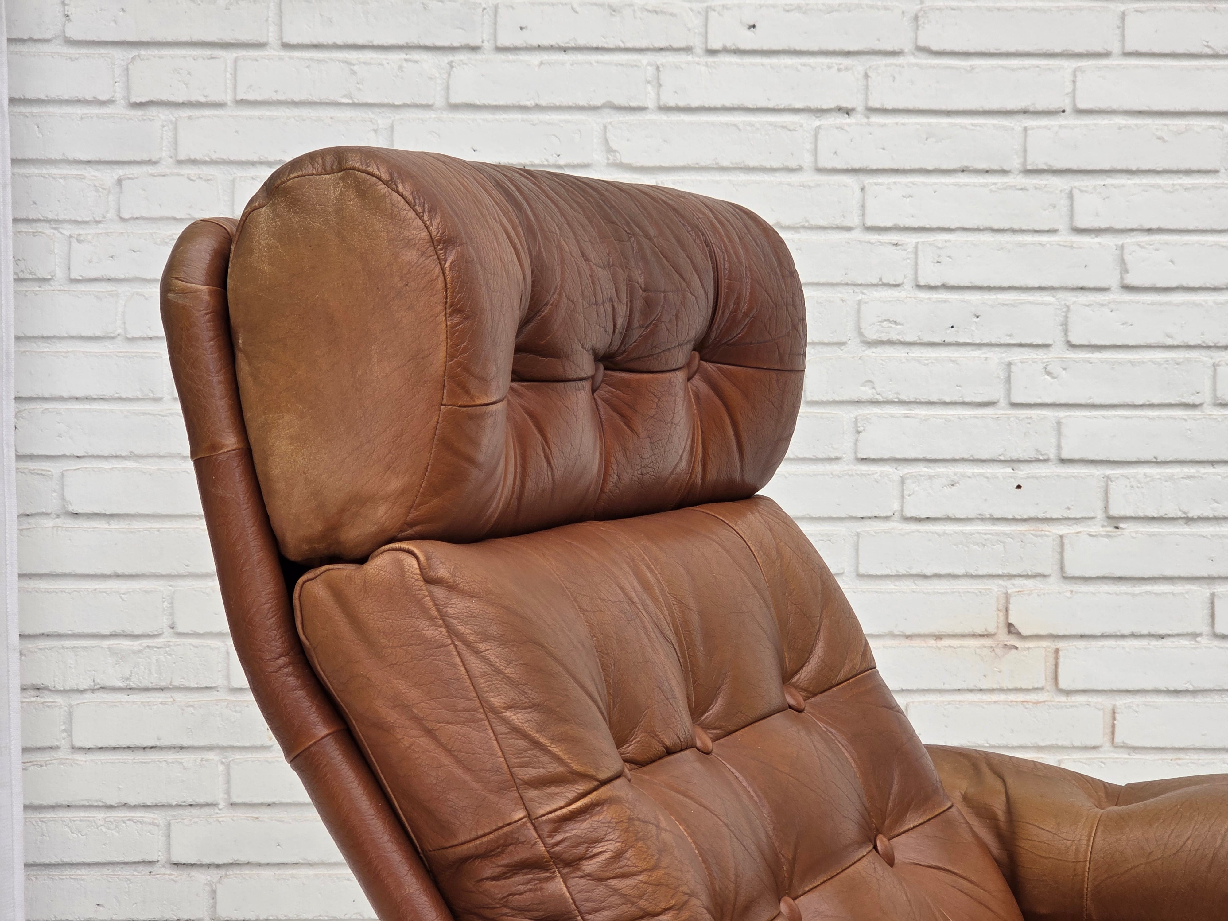 Set_of_Swedish_Armchair_with_Footstool_in_Brown_Leather_and_Dark_Beech,_Scandinavian_Design,_1970s