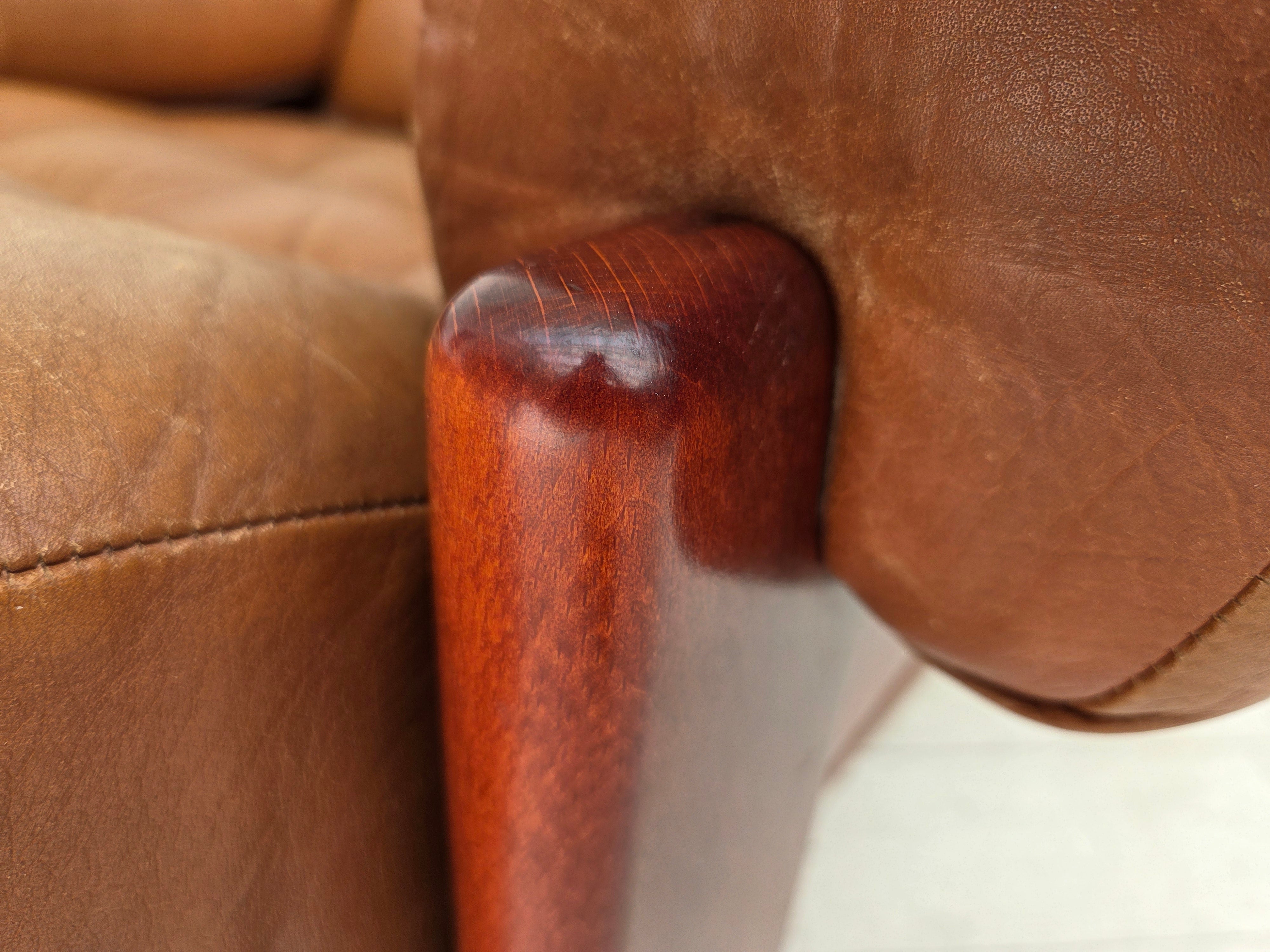 Set_of_Swedish_Armchair_with_Footstool_in_Brown_Leather_and_Dark_Beech,_Scandinavian_Design,_1970s