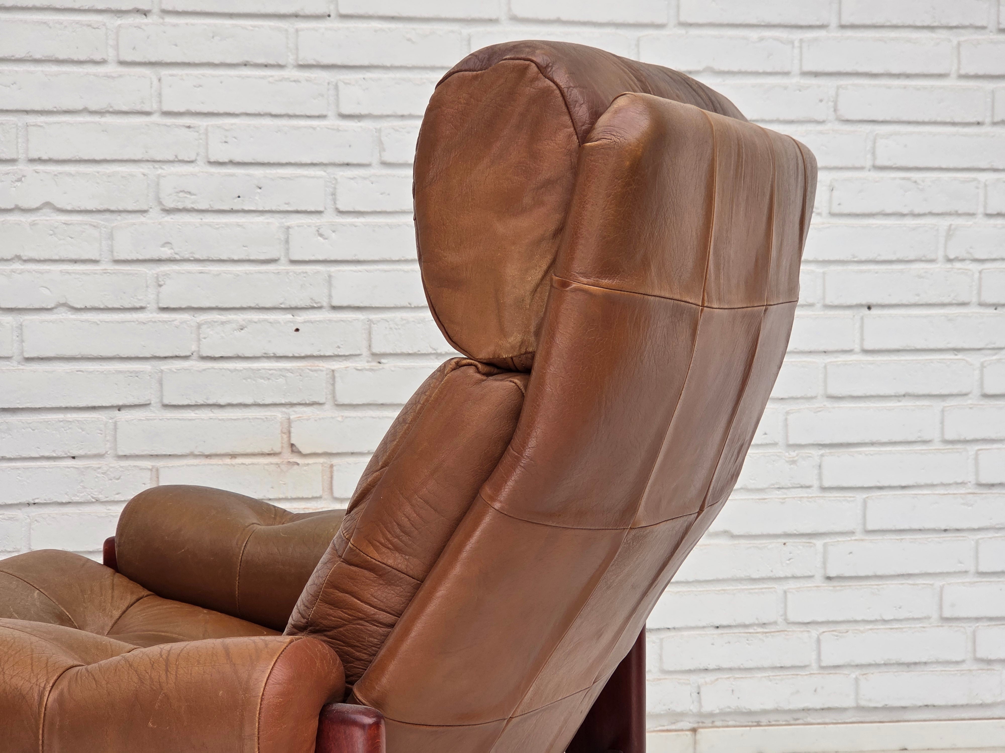 Set_of_Swedish_Armchair_with_Footstool_in_Brown_Leather_and_Dark_Beech,_Scandinavian_Design,_1970s
