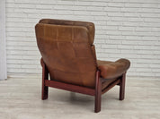 Set_of_Swedish_Armchair_with_Footstool_in_Brown_Leather_and_Dark_Beech,_Scandinavian_Design,_1970s