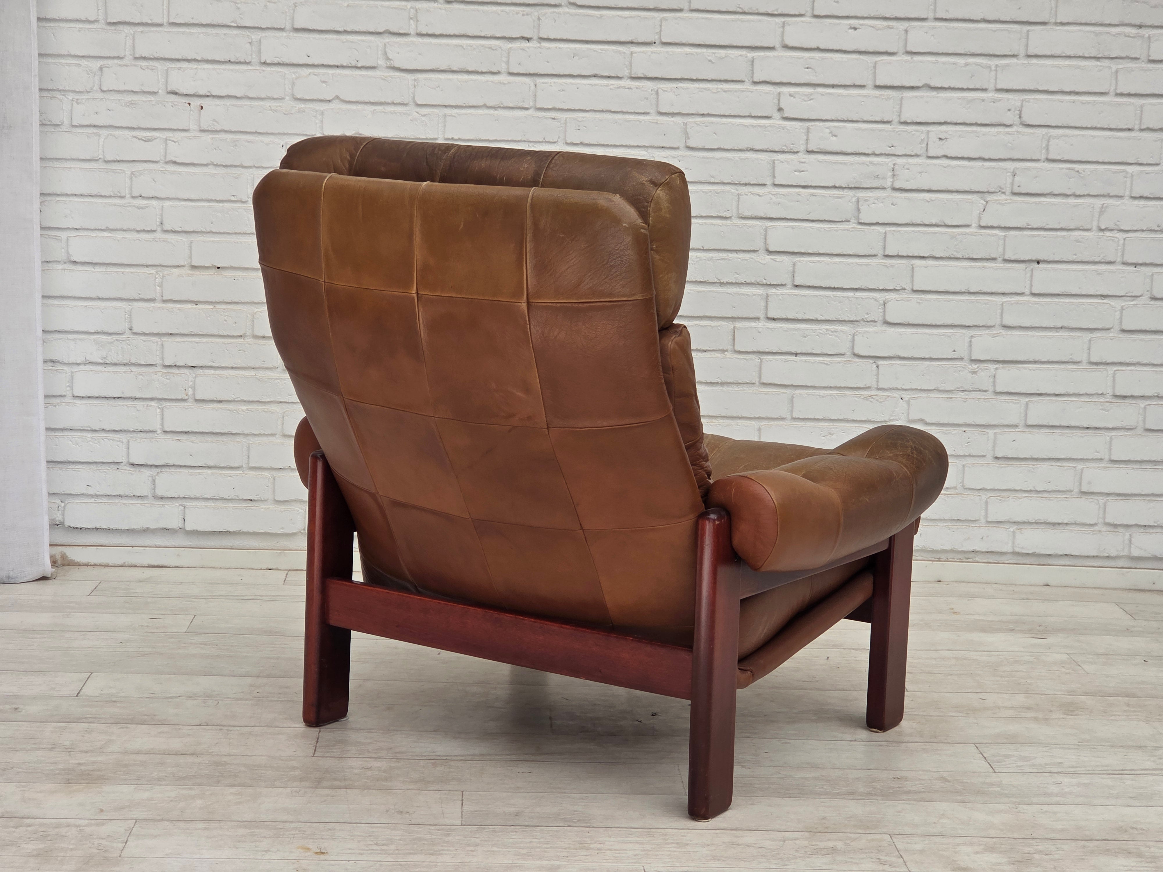 Set_of_Swedish_Armchair_with_Footstool_in_Brown_Leather_and_Dark_Beech,_Scandinavian_Design,_1970s