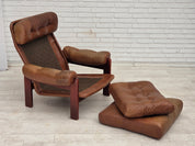 Set_of_Swedish_Armchair_with_Footstool_in_Brown_Leather_and_Dark_Beech,_Scandinavian_Design,_1970s