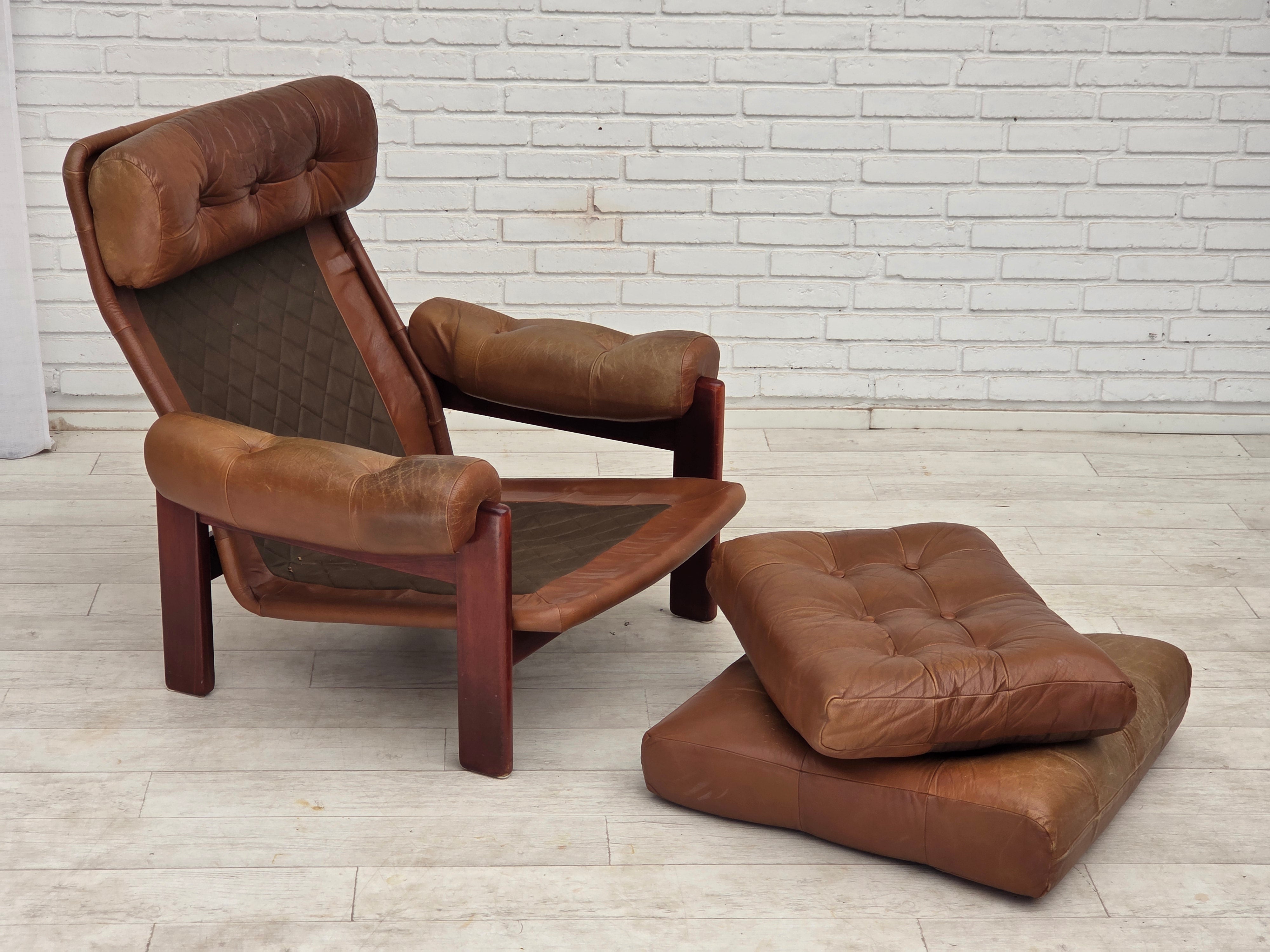 Set_of_Swedish_Armchair_with_Footstool_in_Brown_Leather_and_Dark_Beech,_Scandinavian_Design,_1970s
