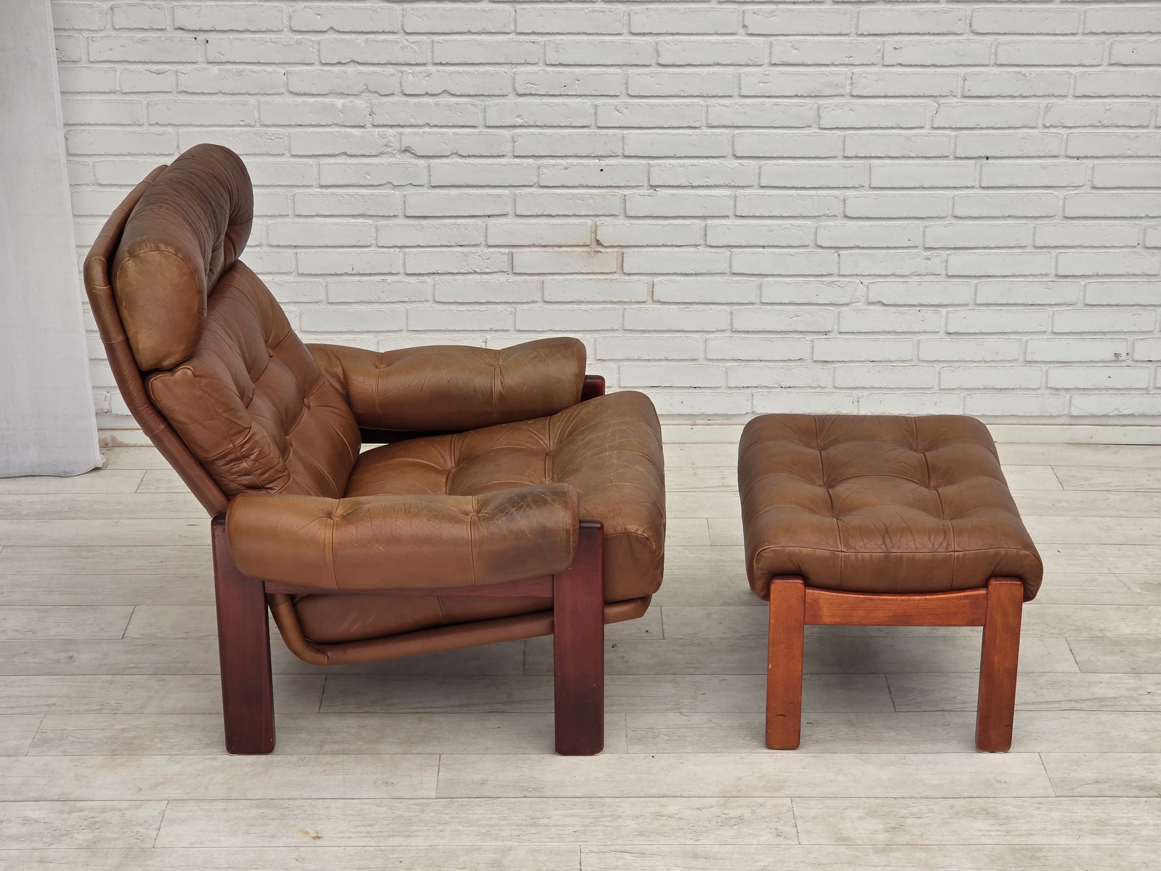 Set_of_Swedish_Armchair_with_Footstool_in_Brown_Leather_and_Dark_Beech,_Scandinavian_Design,_1970s