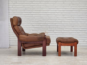 Set_of_Swedish_Armchair_with_Footstool_in_Brown_Leather_and_Dark_Beech,_Scandinavian_Design,_1970s