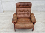 Set_of_Swedish_Armchair_with_Footstool_in_Brown_Leather_and_Dark_Beech,_Scandinavian_Design,_1970s