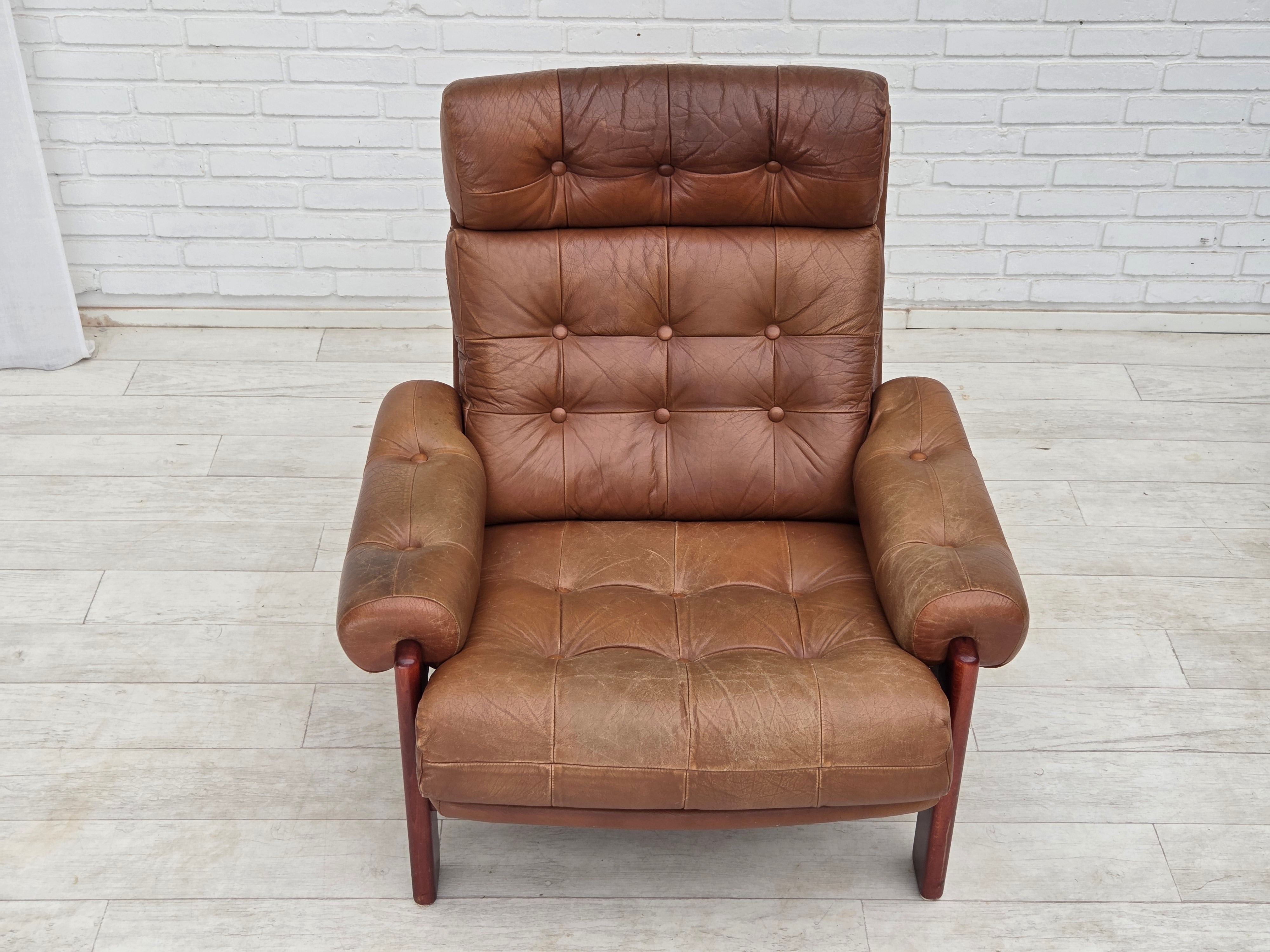 Set_of_Swedish_Armchair_with_Footstool_in_Brown_Leather_and_Dark_Beech,_Scandinavian_Design,_1970s