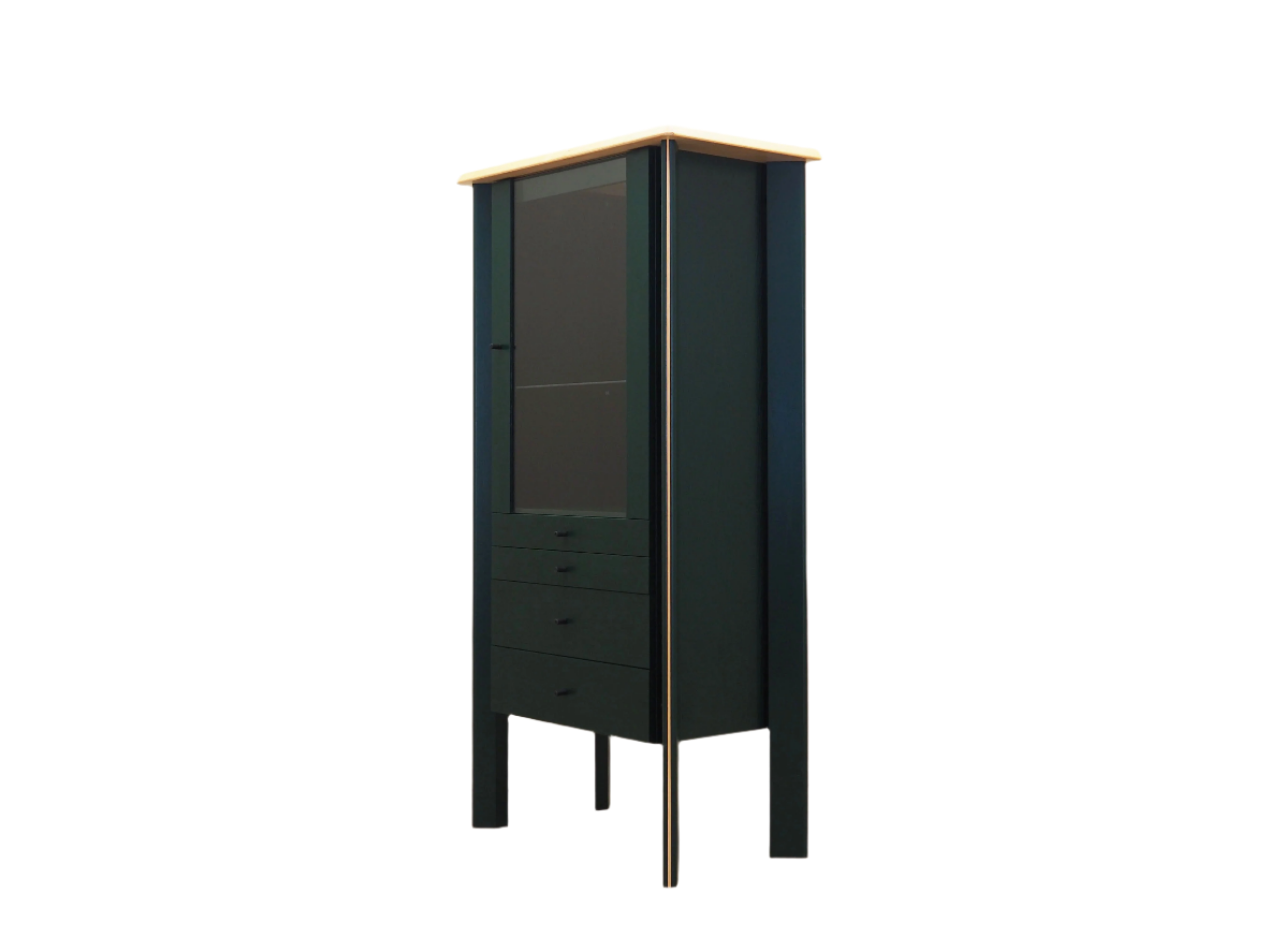 1980s_Danish_Oak_Veneer_Showcase_Green_Stain_Glass_Shelf_Drawers_Lighting