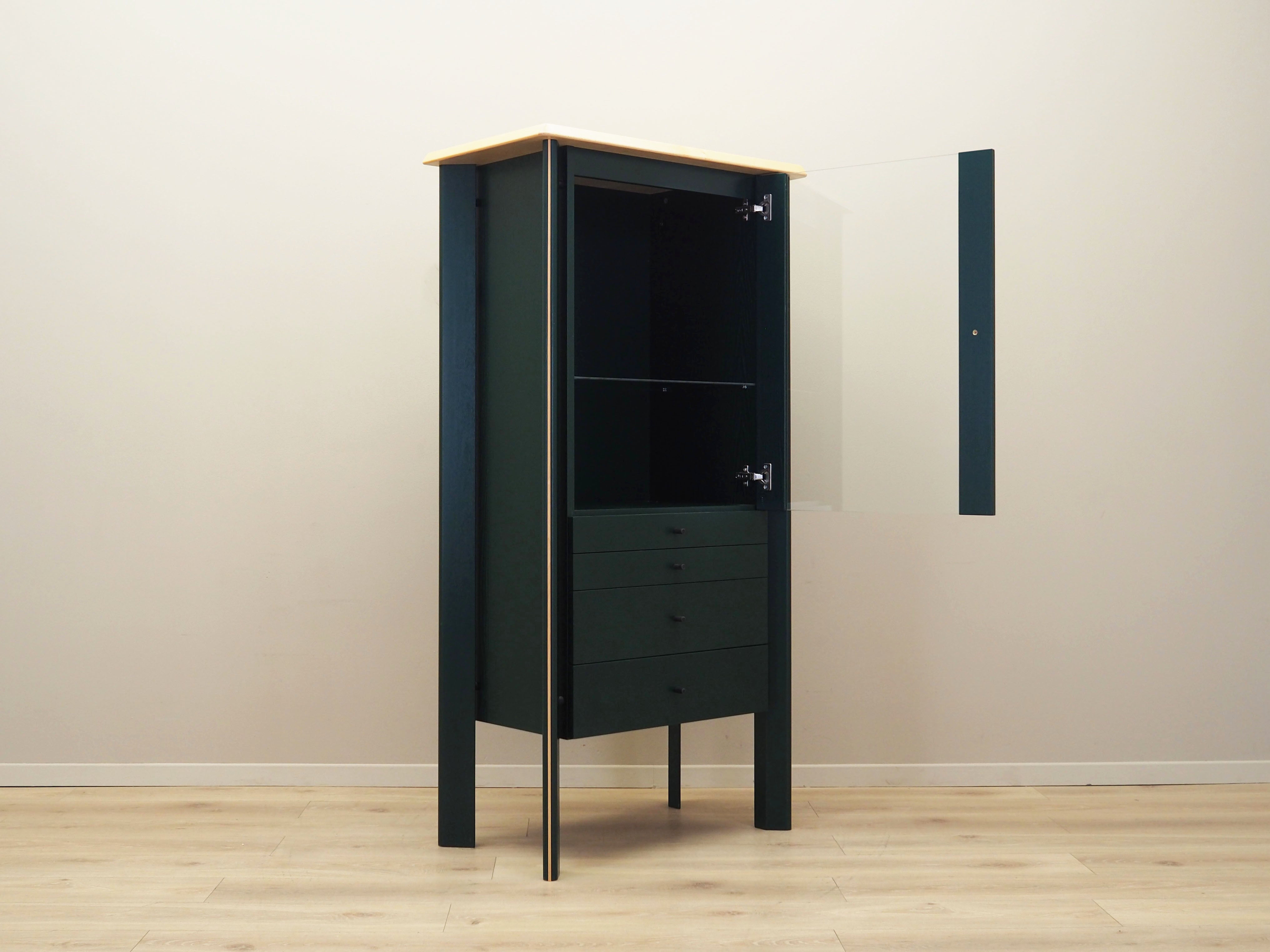 1980s_Danish_Oak_Veneer_Showcase_Green_Stain_Glass_Shelf_Drawers_Lighting