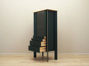 1980s_Danish_Oak_Veneer_Showcase_Green_Stain_Glass_Shelf_Drawers_Lighting