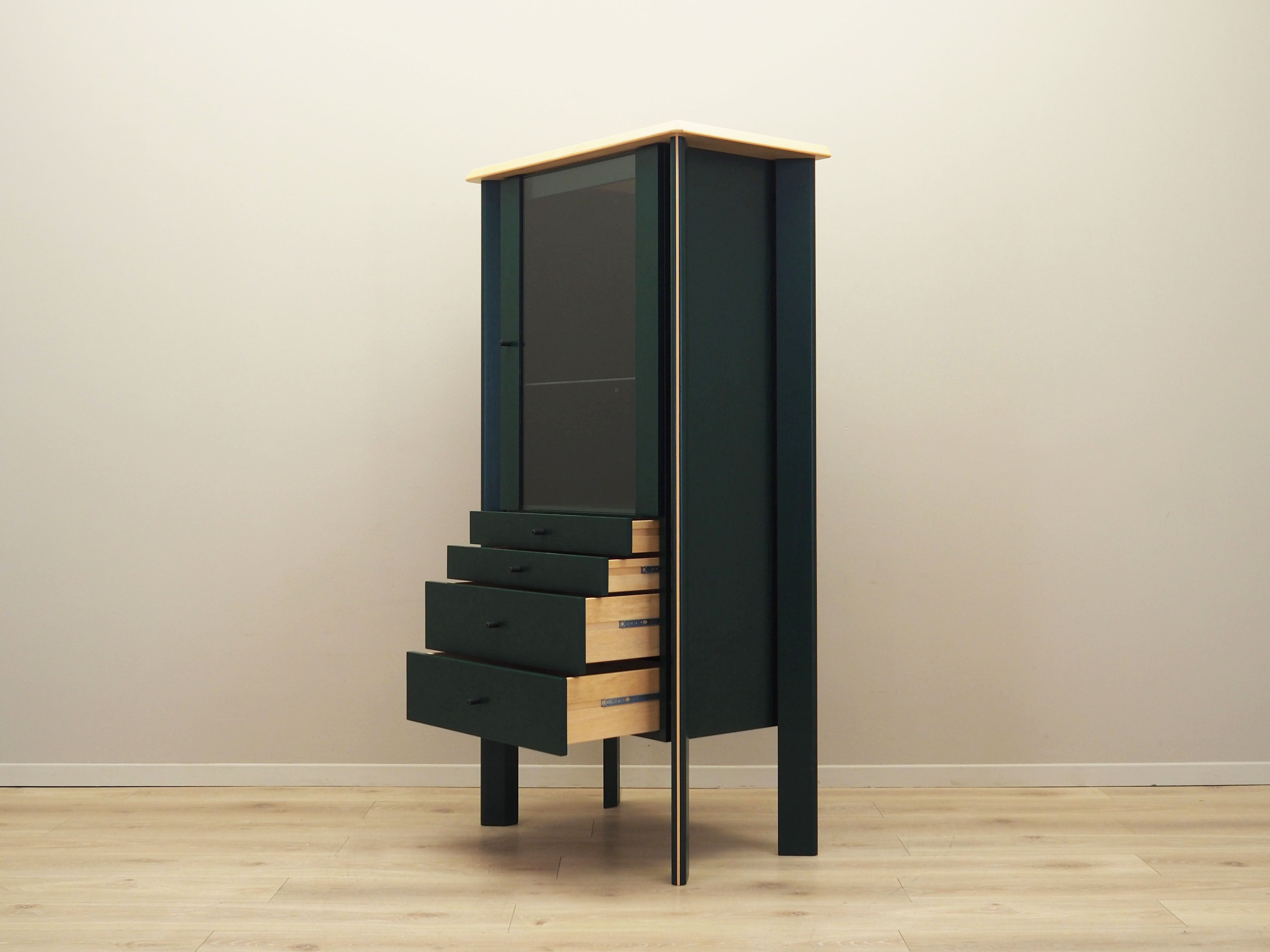 1980s_Danish_Oak_Veneer_Showcase_Green_Stain_Glass_Shelf_Drawers_Lighting