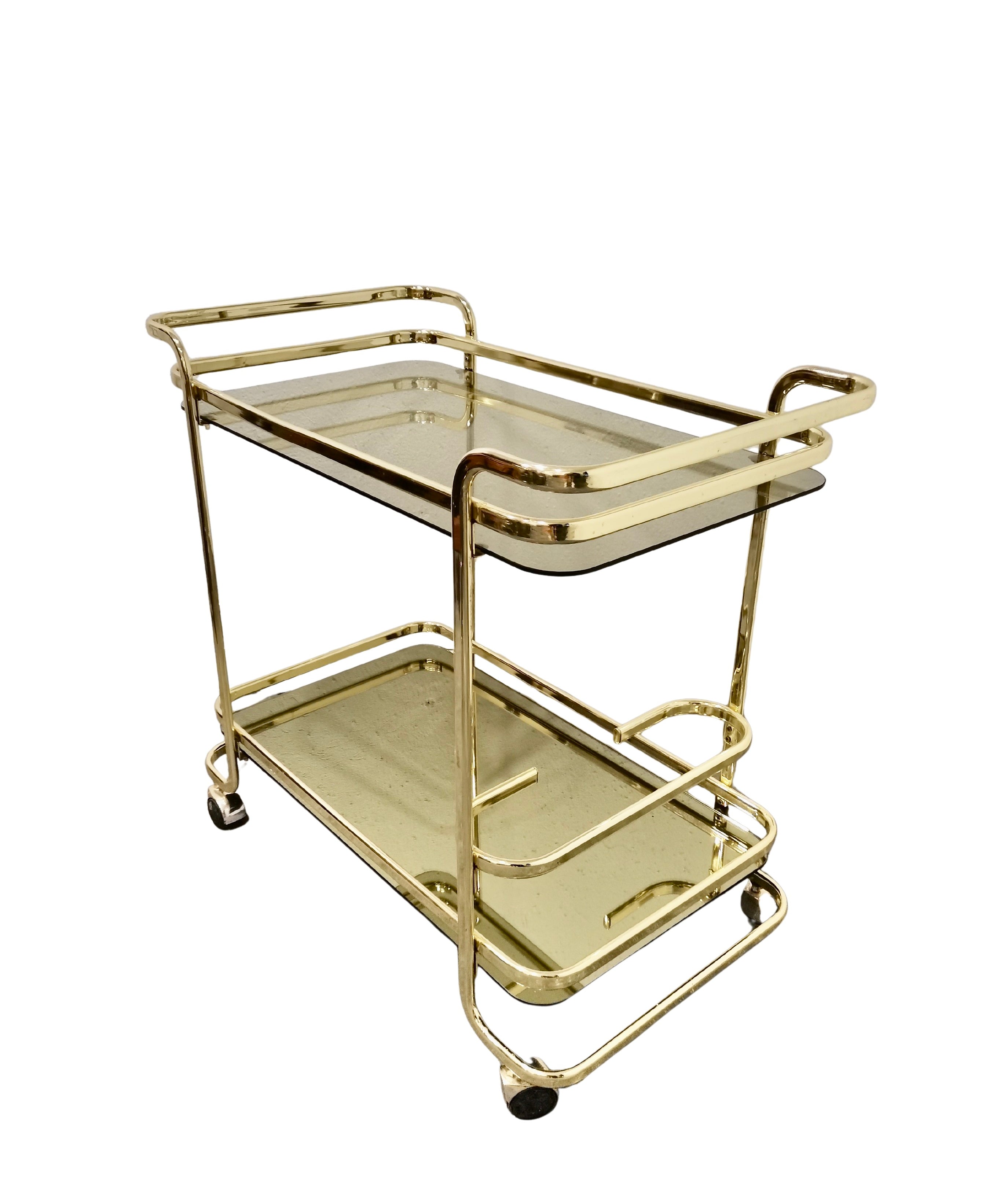 1980s_Italian_Brass_Bar_Cart_with_Smoked_Glass_&_Gold-Mirror_Shelf_(Hollywood_Regency)