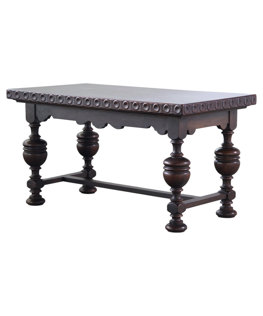 20th-Century_Danish_Dark-Stained_Oak_Coffee_Table_with_Carved_Edge_and_Turned_Legs,_Renaissance_Revival_Style