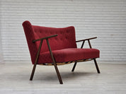 2-Seater_Sofa,_Red_Upholstery_&_Beech_Wood_Frame,_1960s_Denmark
