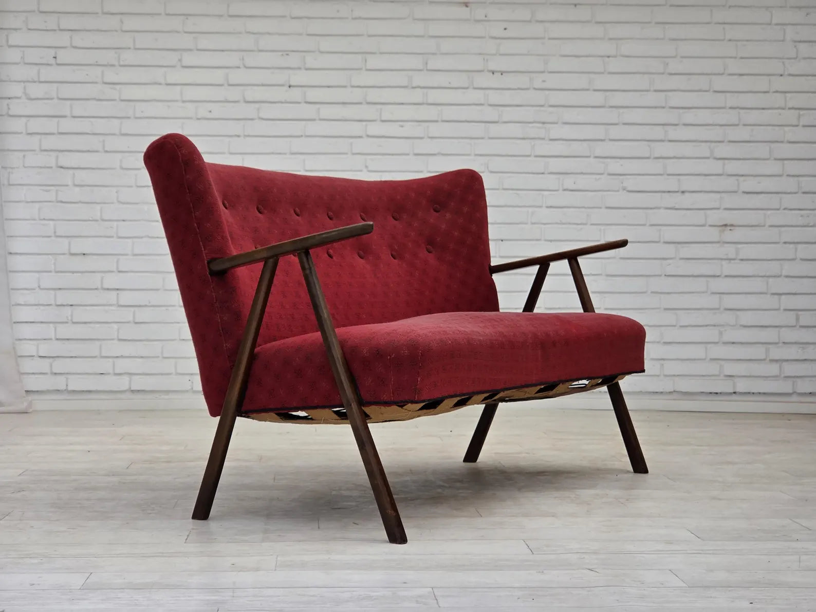 2-Seater_Sofa,_Red_Upholstery_&_Beech_Wood_Frame,_1960s_Denmark