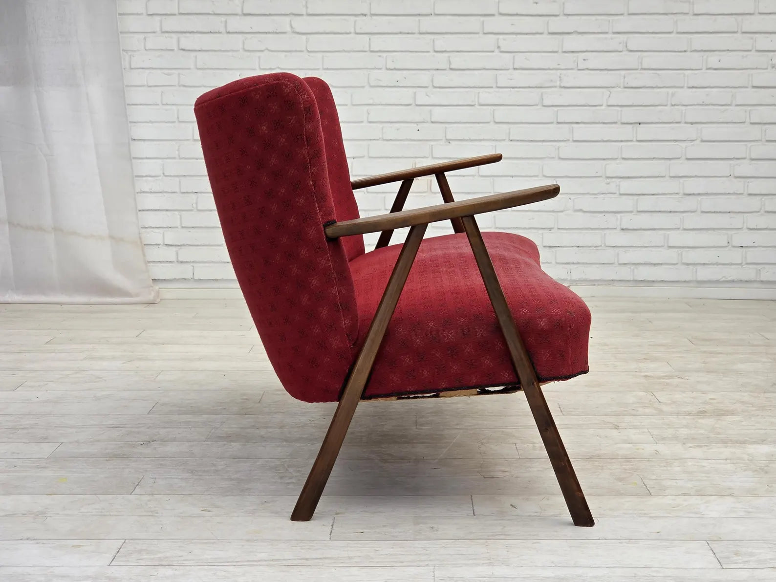 2-Seater_Sofa,_Red_Upholstery_&_Beech_Wood_Frame,_1960s_Denmark
