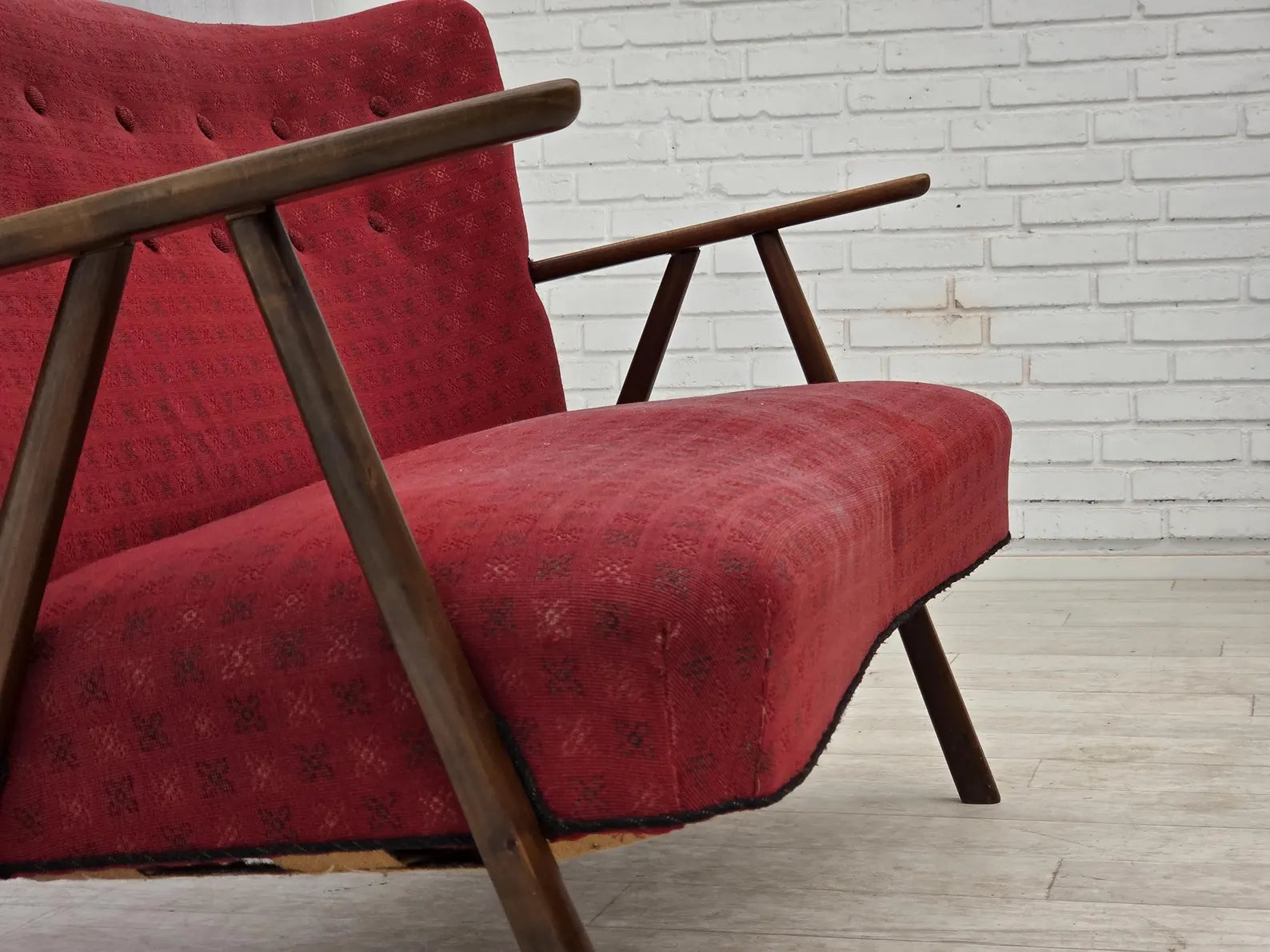 2-Seater_Sofa,_Red_Upholstery_&_Beech_Wood_Frame,_1960s_Denmark