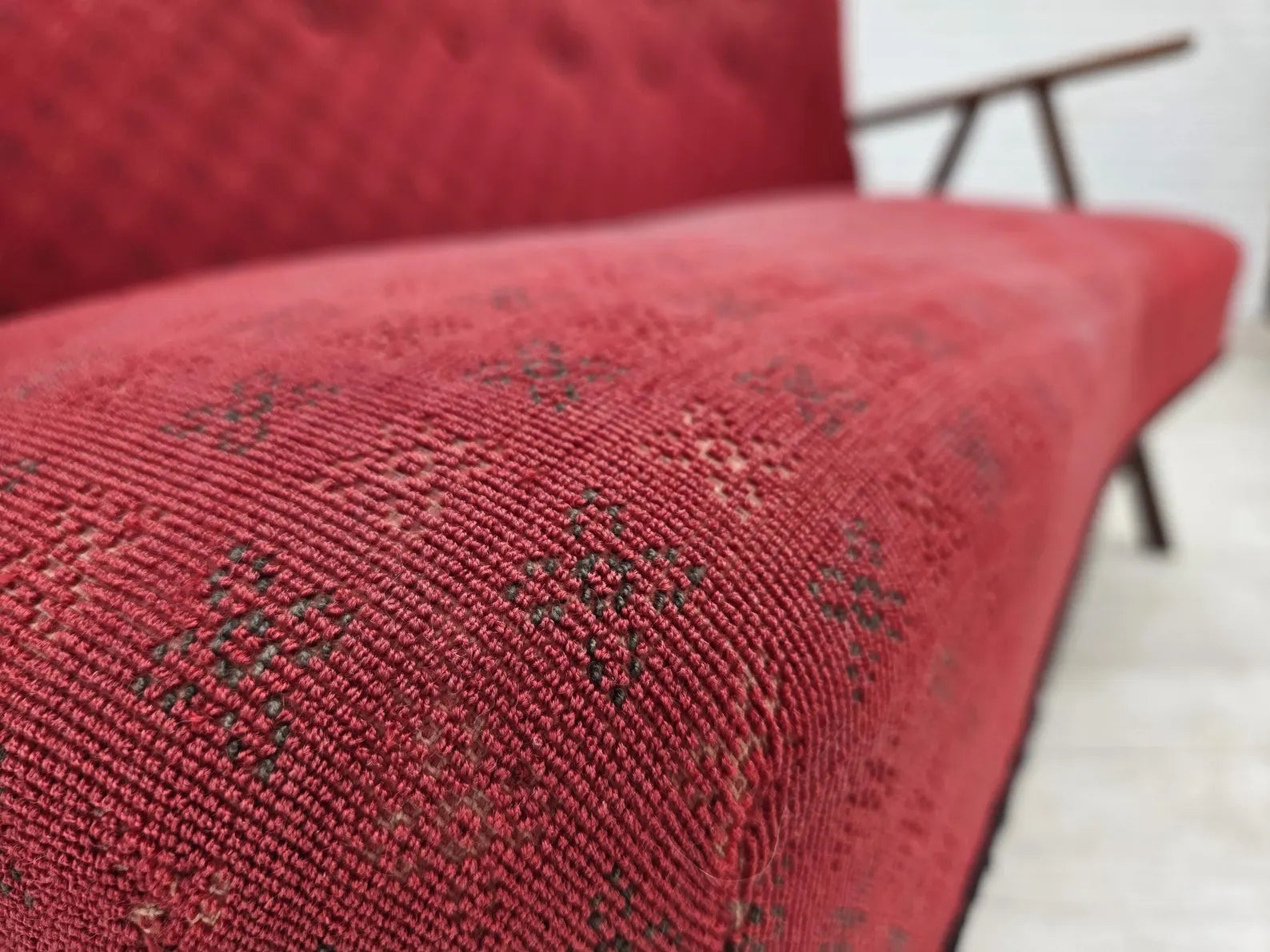 2-Seater_Sofa,_Red_Upholstery_&_Beech_Wood_Frame,_1960s_Denmark