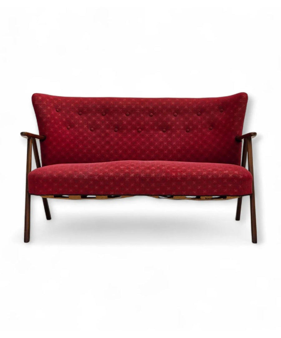 2-Seater_Sofa,_Red_Upholstery_&_Beech_Wood_Frame,_1960s_Denmark