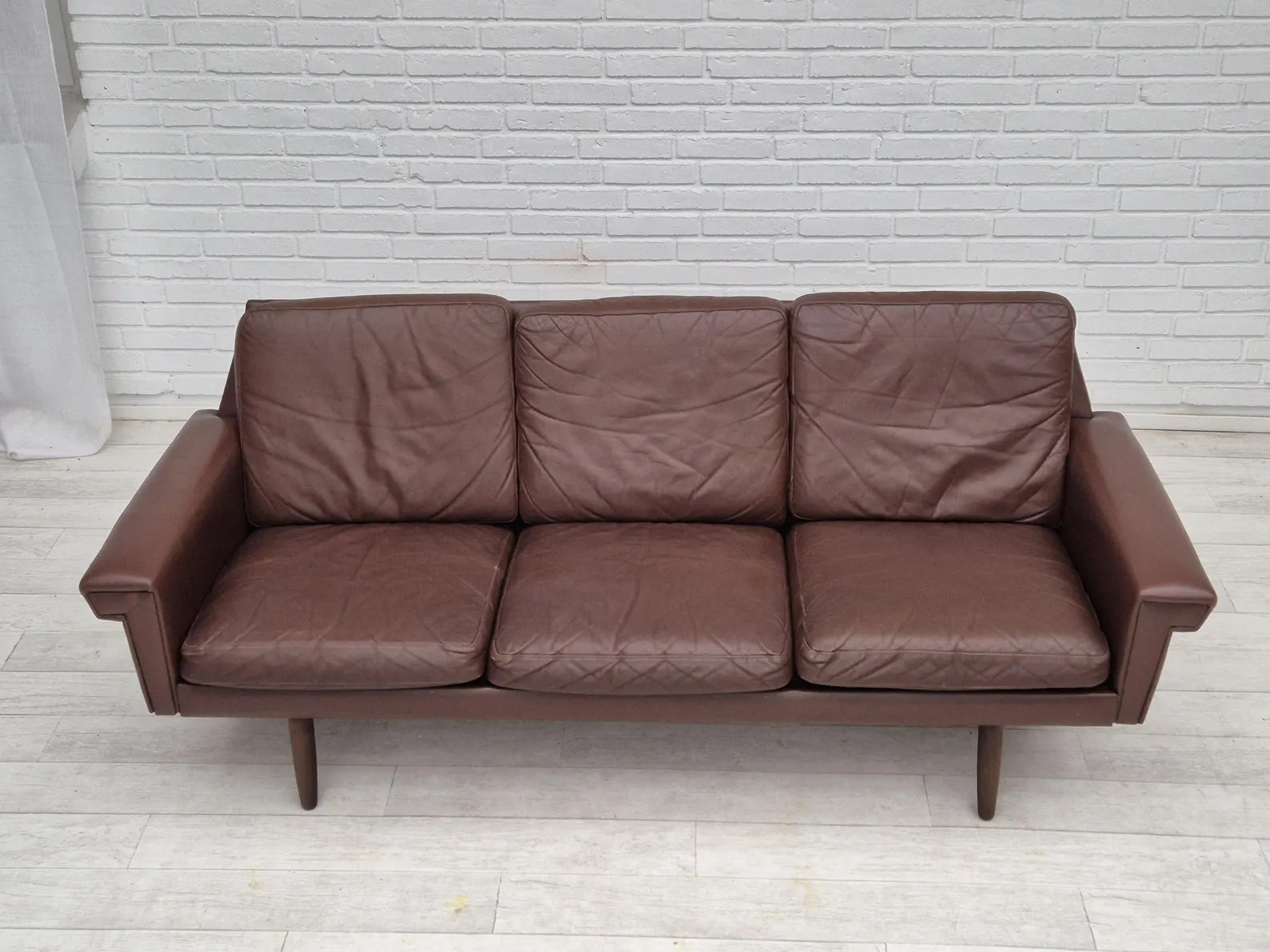 3-Seater_Sofa,_Original_Brown_Leather_&_Beech_Wood,_1970s_Denmark