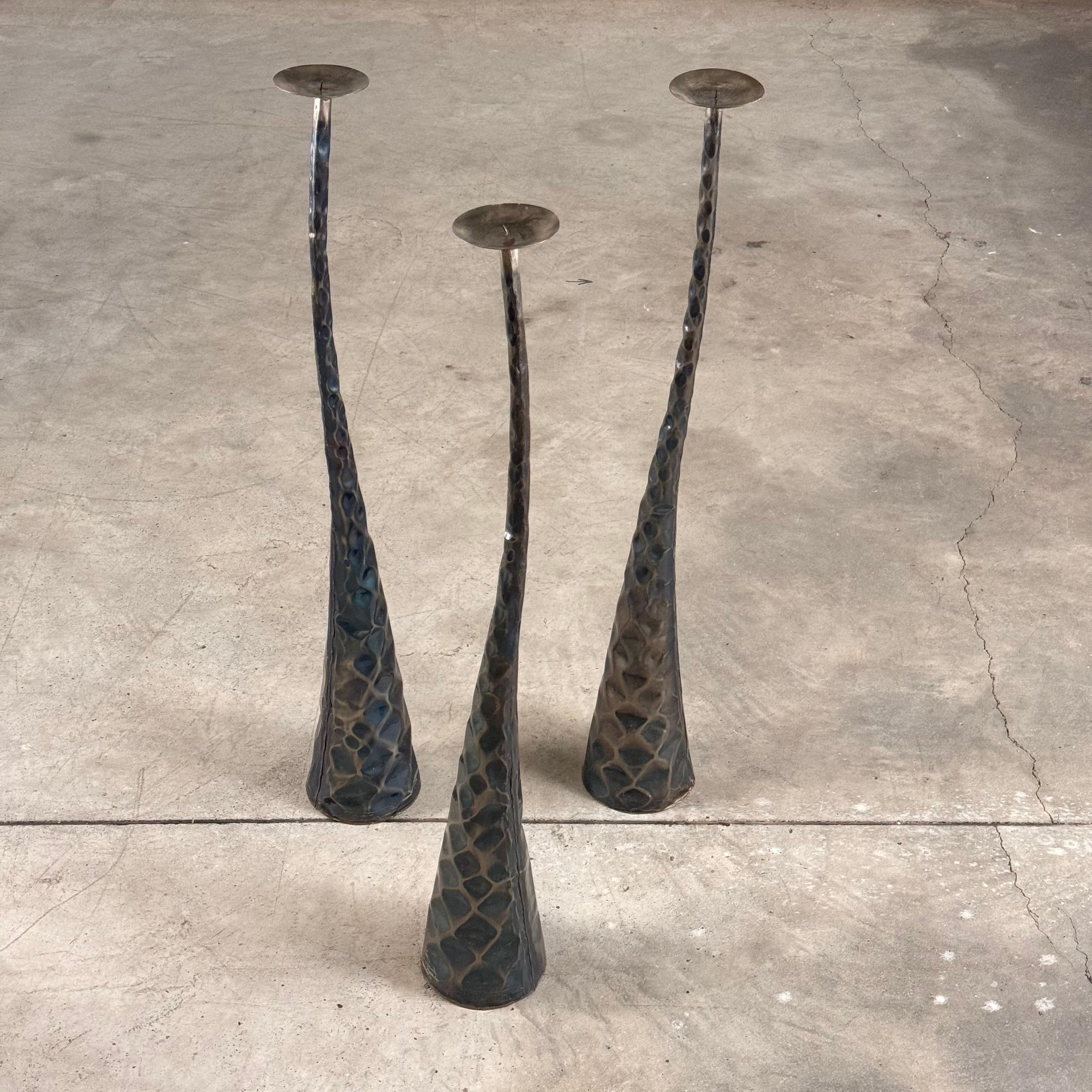 Set_of_3_Sculptural_Burnished_Metal_Floor_Candle_Holders,_Italy,_1980s