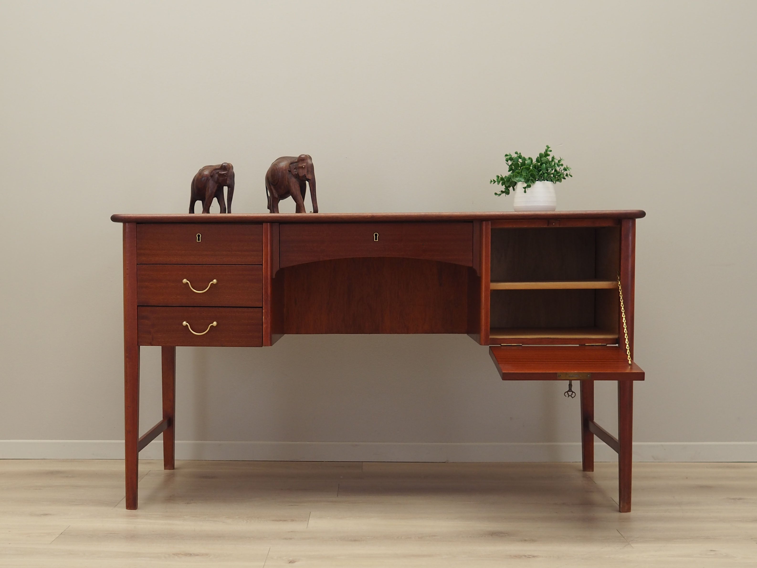 1970s_Danish_Mid-Century_Mahogany_Executive_Desk,_Four_Drawers,_Lockable_Bar_Cabinet_and_Rear_Shelf