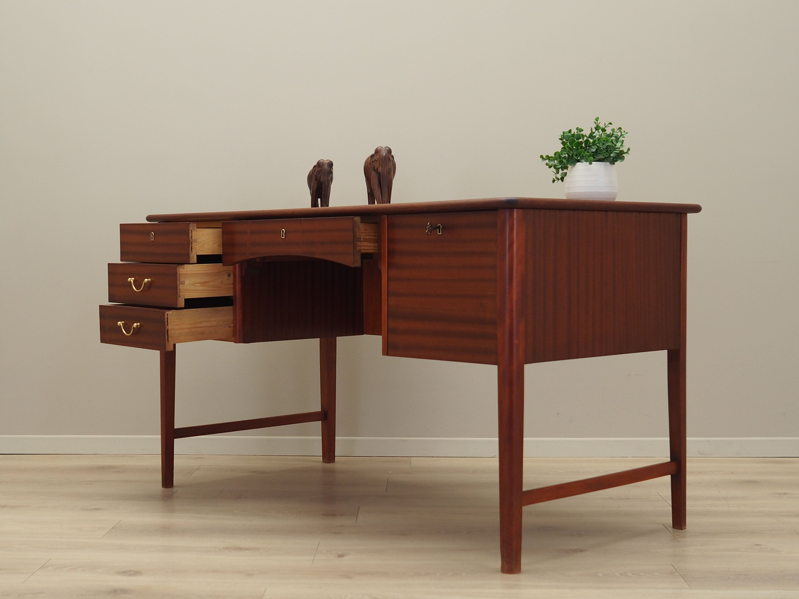 1970s_Danish_Mid-Century_Mahogany_Executive_Desk,_Four_Drawers,_Lockable_Bar_Cabinet_and_Rear_Shelf