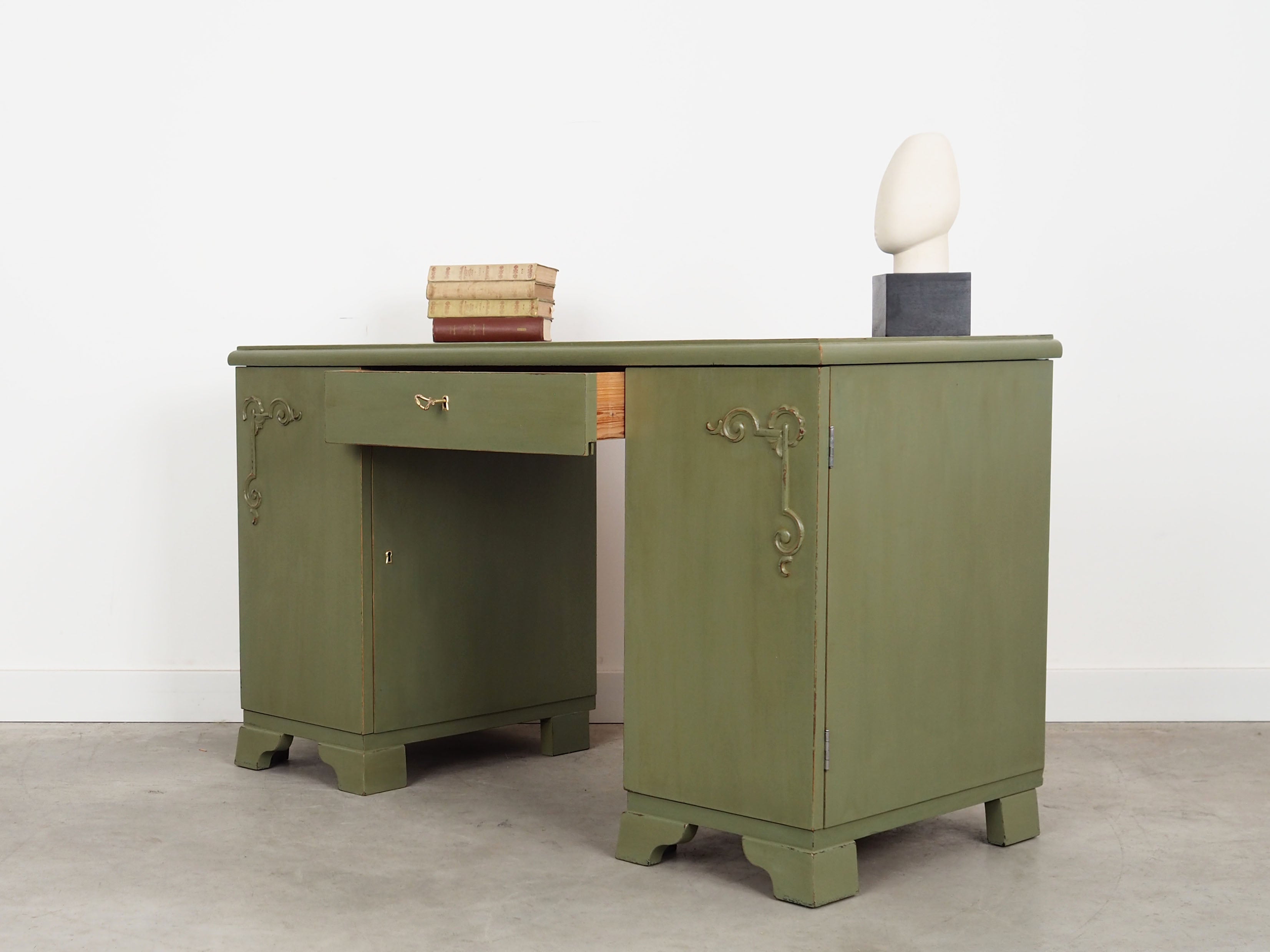 1960s_Danish_Vintage_Desk,_Green_Shabby_Chic_Finish,_Storage_Cabinets_and_Drawers