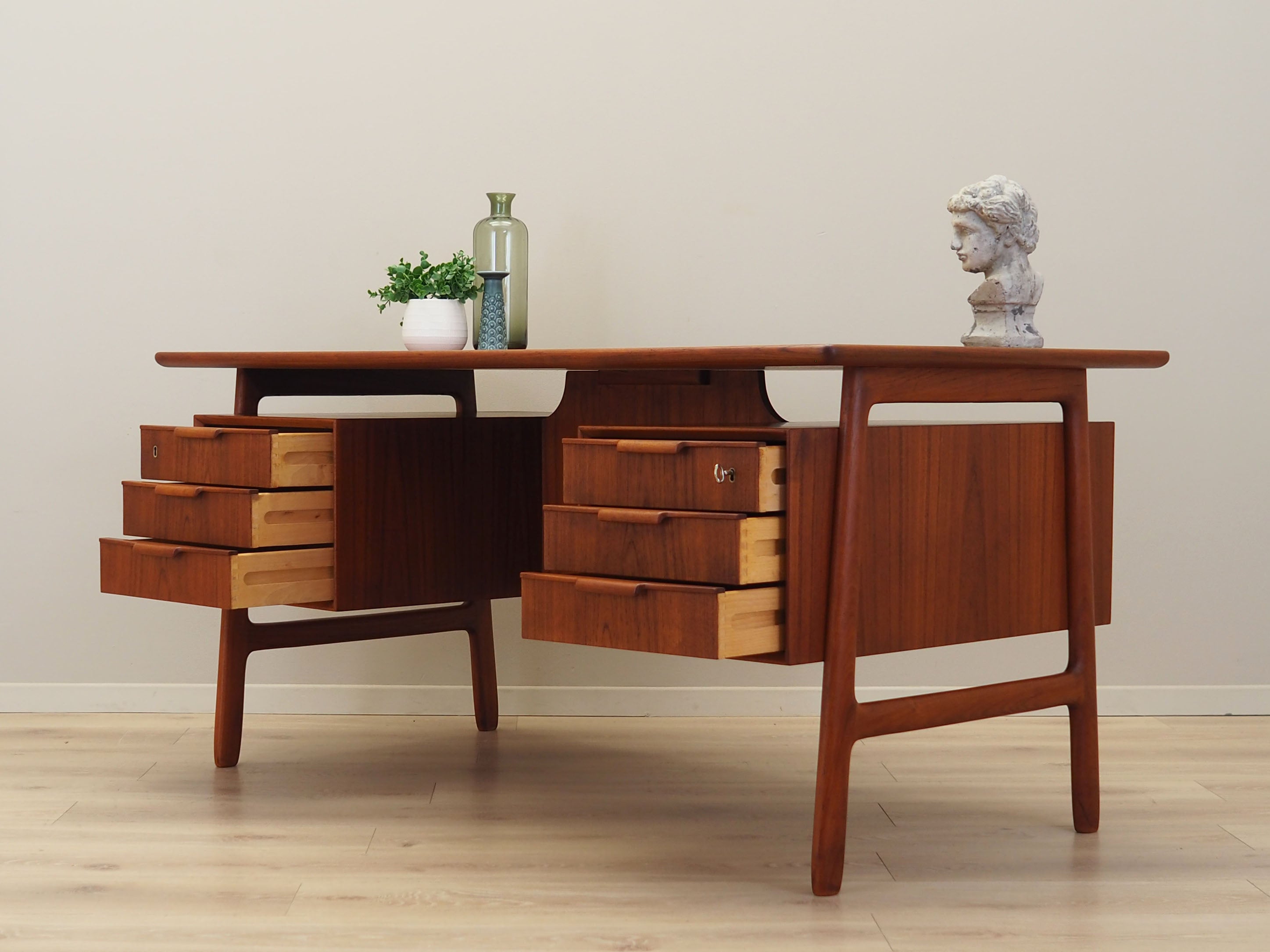 1970s_Danish_Model_75_Teak_Executive_Desk_by_Omann_Jun,_Six_Drawers_and_Rear_Bar_Cabinet