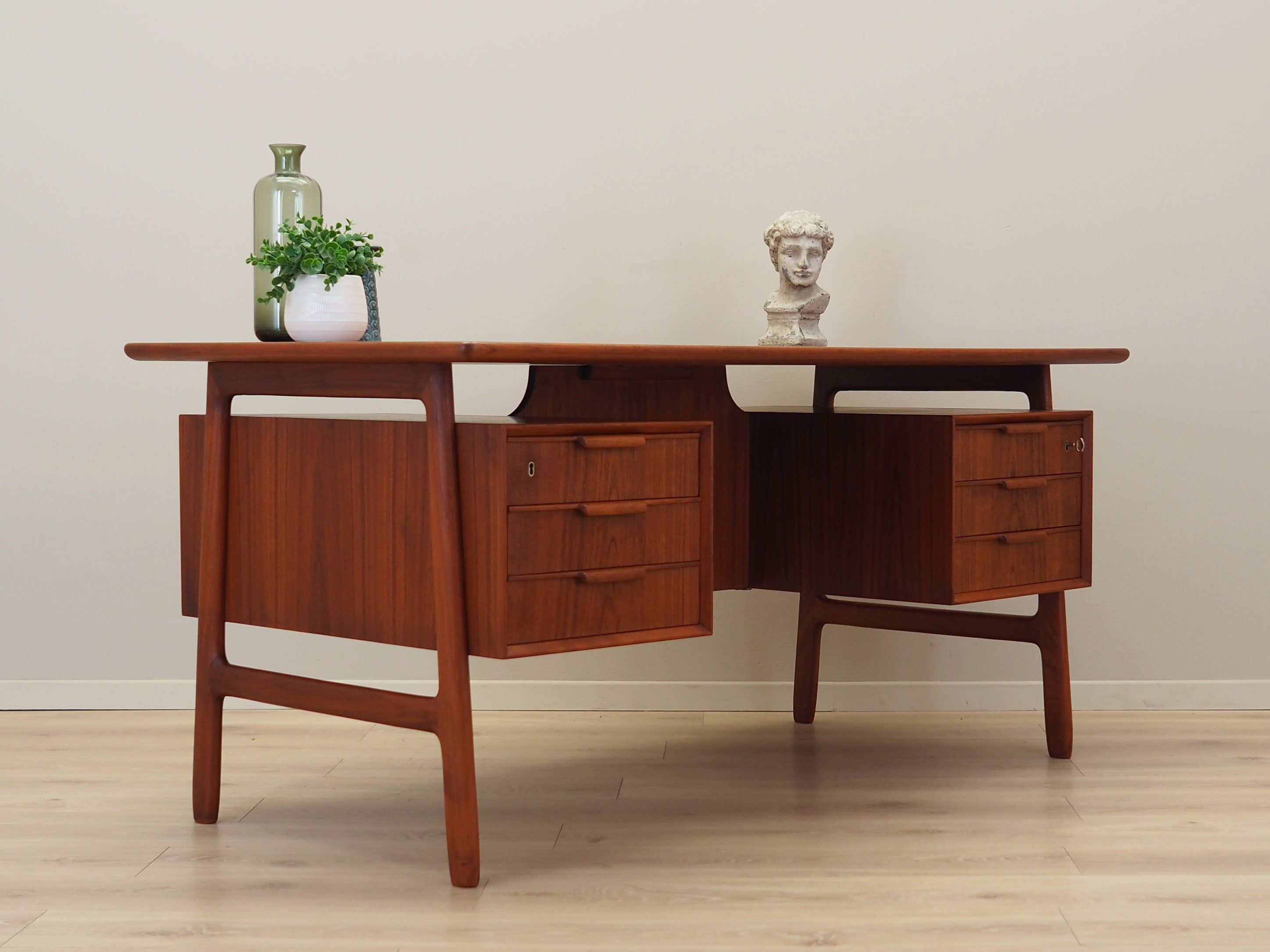 1970s_Danish_Model_75_Teak_Executive_Desk_by_Omann_Jun,_Six_Drawers_and_Rear_Bar_Cabinet