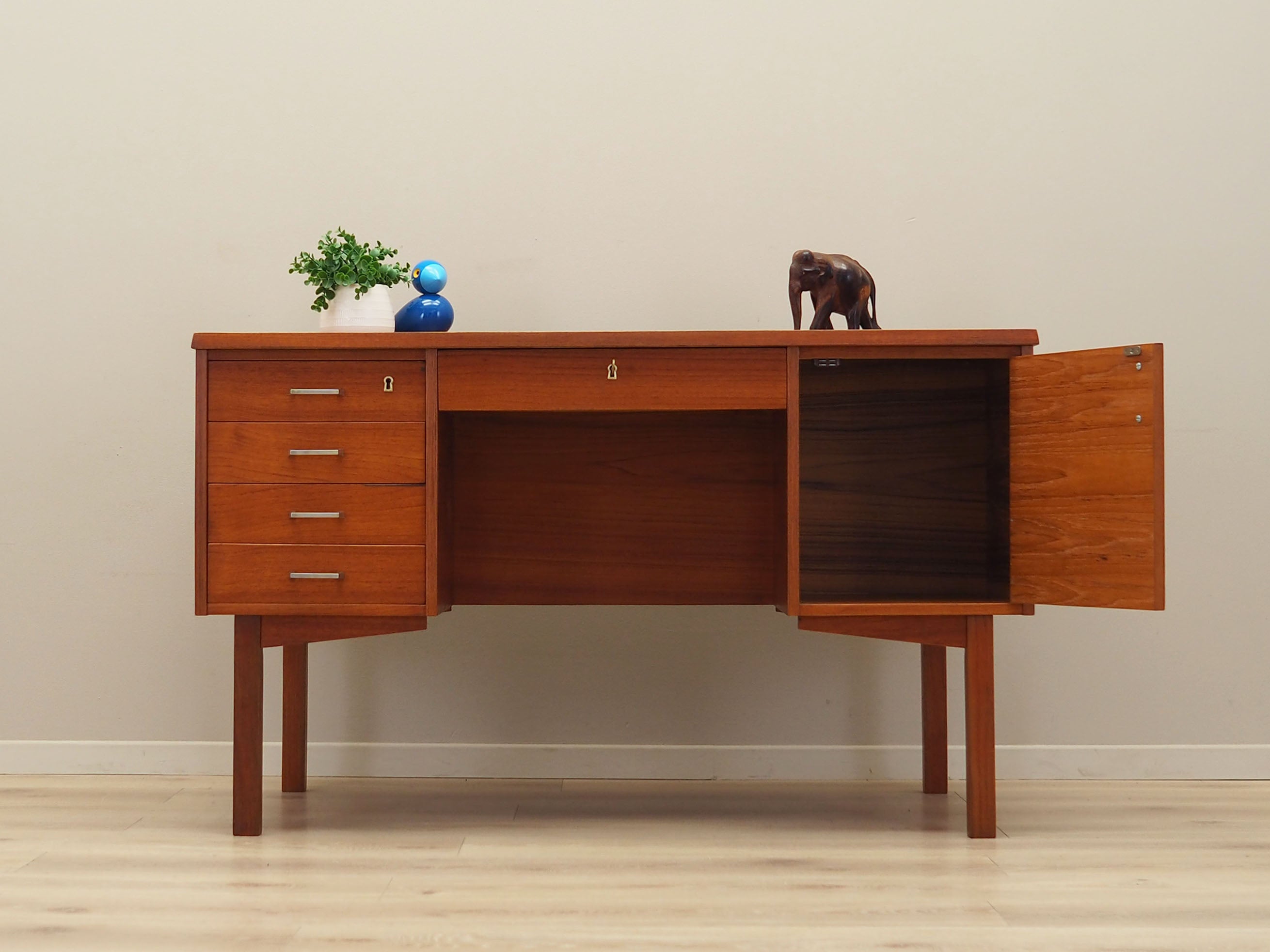 1970s_Danish_Mid-Century_Teak_Executive_Desk,_Five_Drawers,_Storage_Cabinet_and_Rear_Shelf