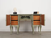 1960s_Danish_Solid_Pine_Desk,_Green_Shabby_Chic_Finish,_Storage_Cabinets_and_Lockable_Bar