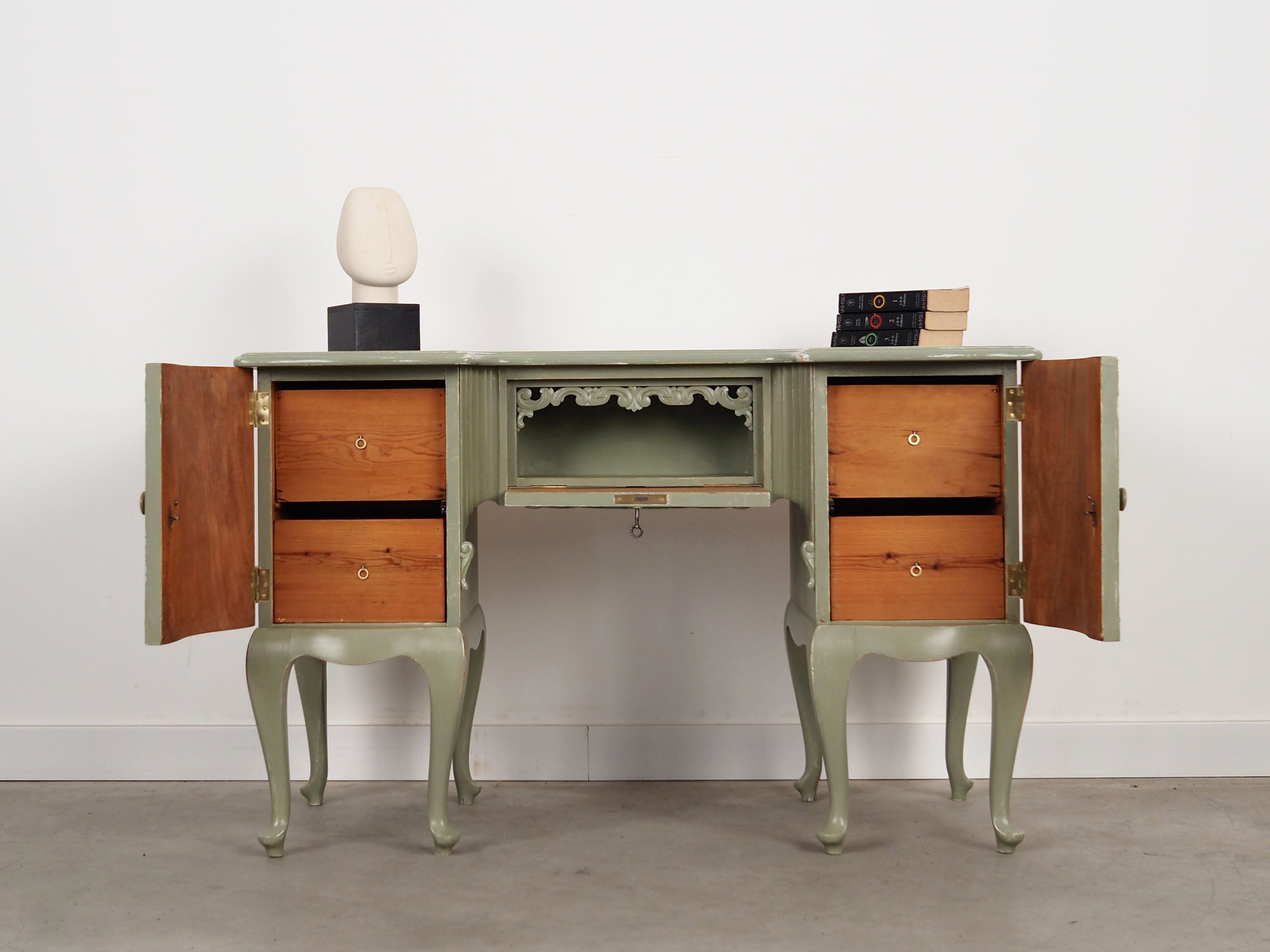 1960s_Danish_Solid_Pine_Desk,_Green_Shabby_Chic_Finish,_Storage_Cabinets_and_Lockable_Bar