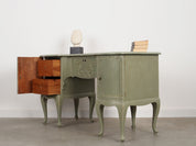 1960s_Danish_Solid_Pine_Desk,_Green_Shabby_Chic_Finish,_Storage_Cabinets_and_Lockable_Bar