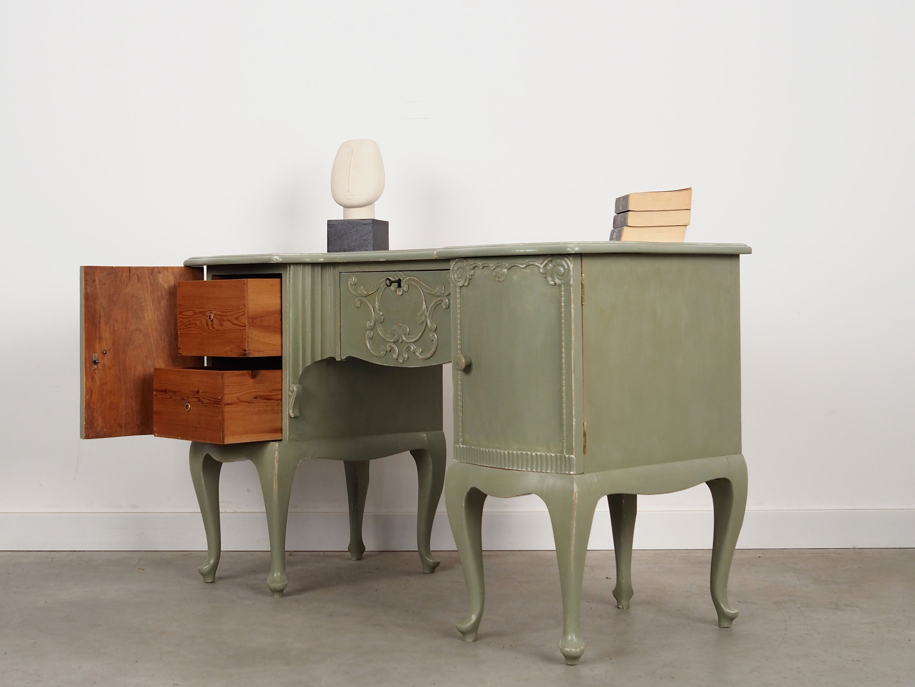 1960s_Danish_Solid_Pine_Desk,_Green_Shabby_Chic_Finish,_Storage_Cabinets_and_Lockable_Bar