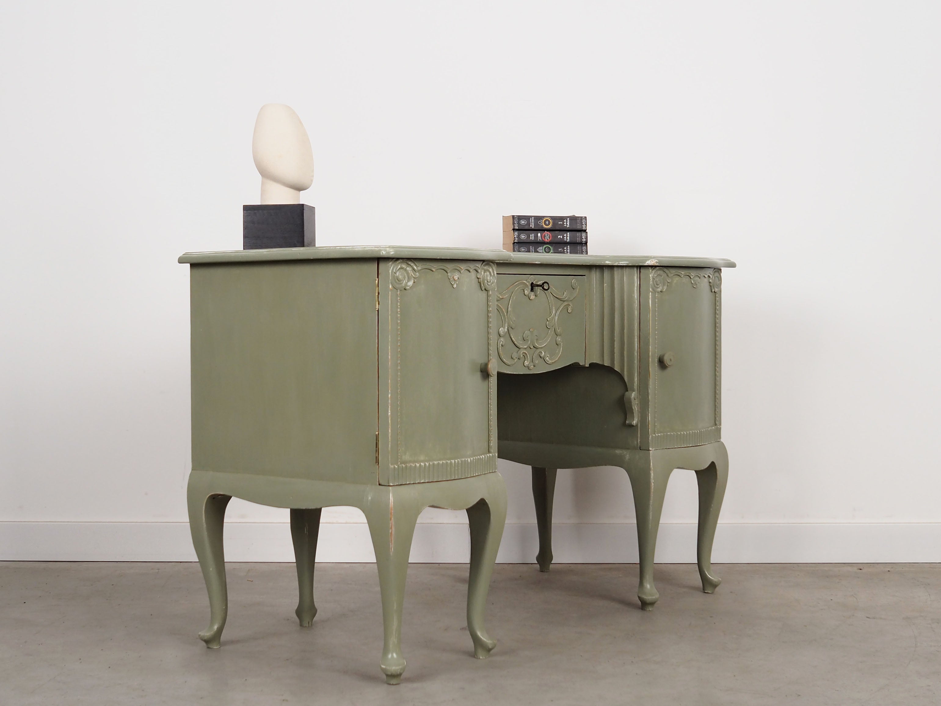 1960s_Danish_Solid_Pine_Desk,_Green_Shabby_Chic_Finish,_Storage_Cabinets_and_Lockable_Bar