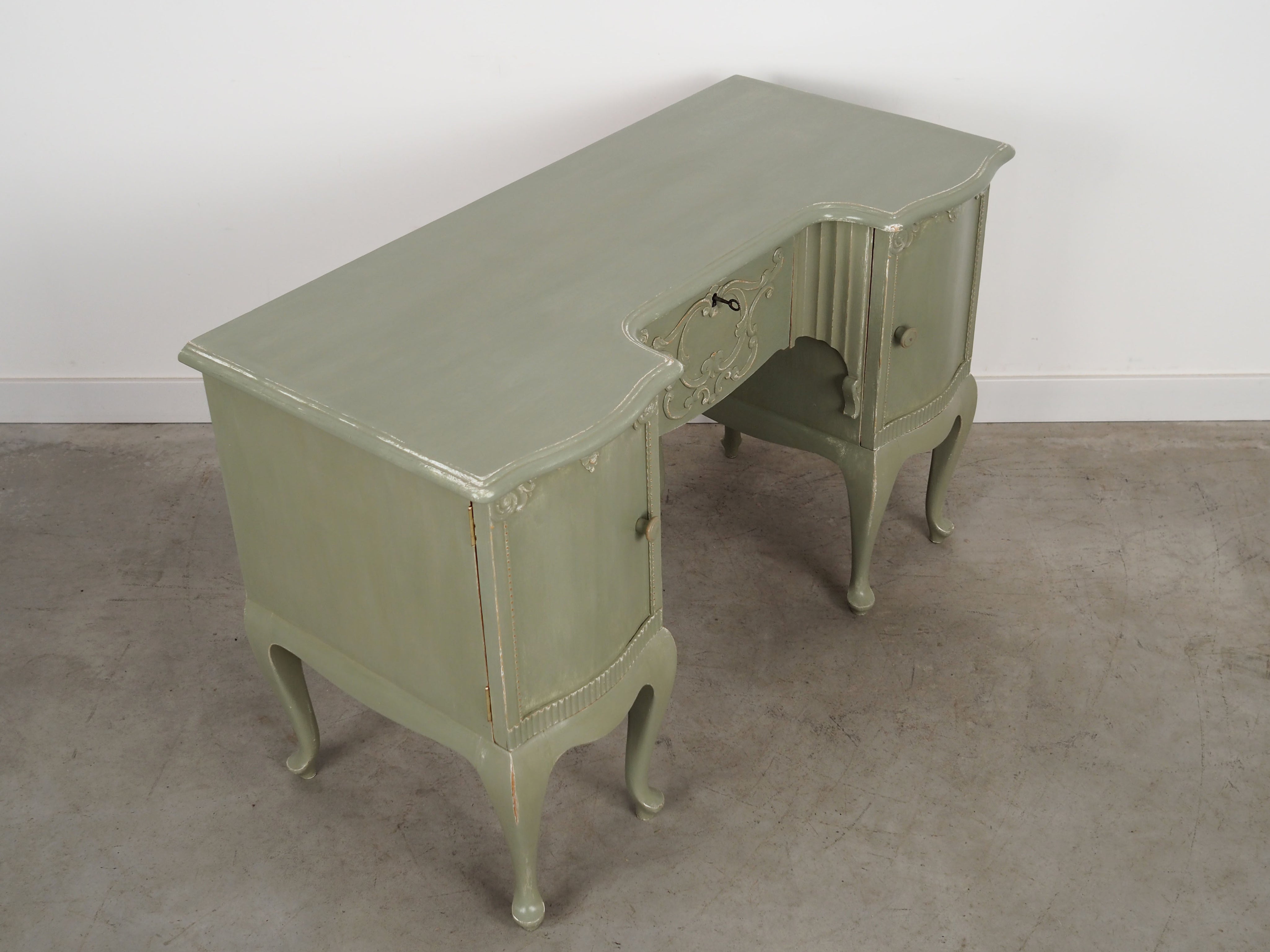 1960s_Danish_Solid_Pine_Desk,_Green_Shabby_Chic_Finish,_Storage_Cabinets_and_Lockable_Bar