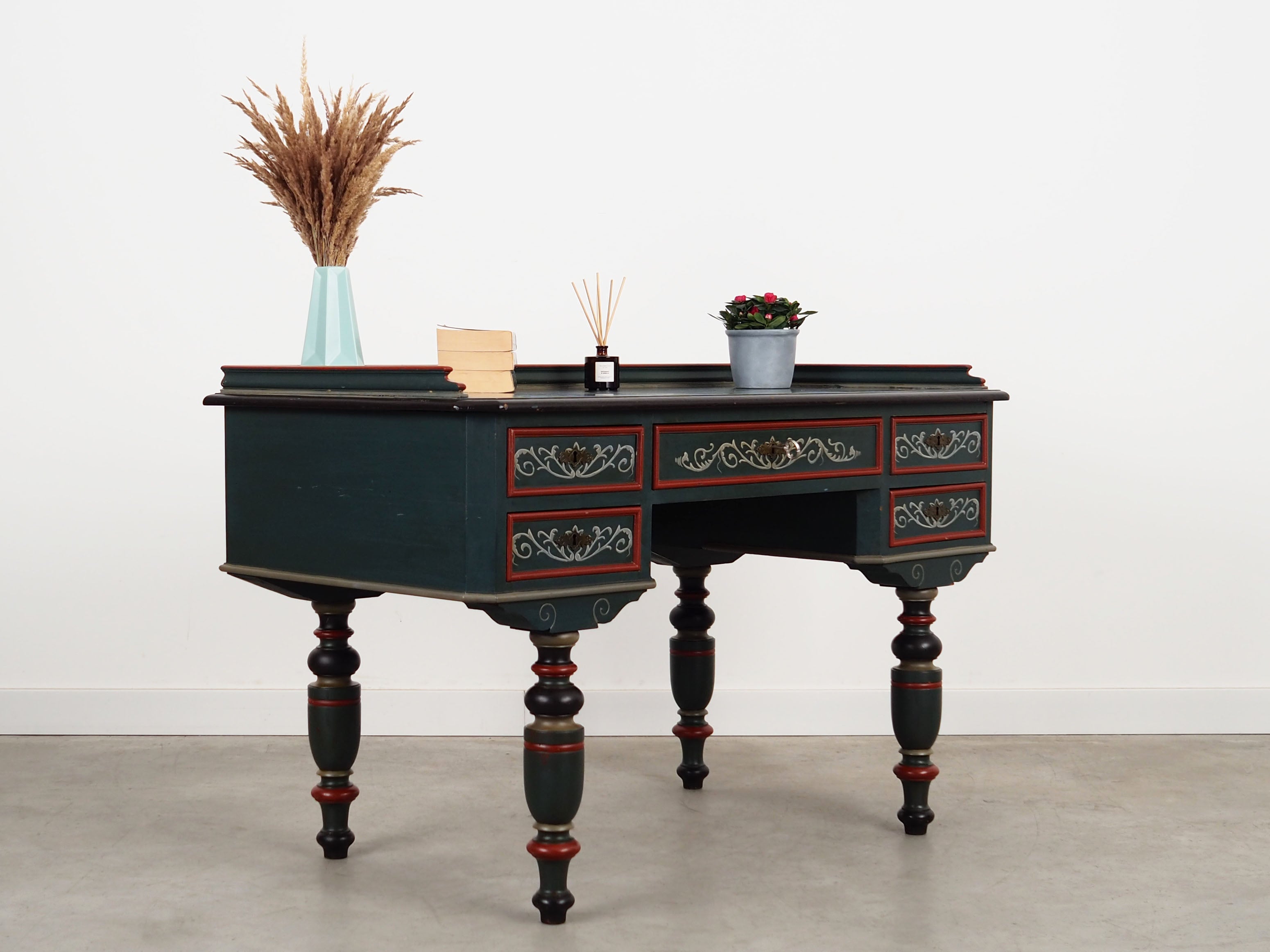 1960s_Danish_Solid_Pine_Desk,_Green_Shabby_Chic_Finish,_Five_Drawers_and_Working_Locks