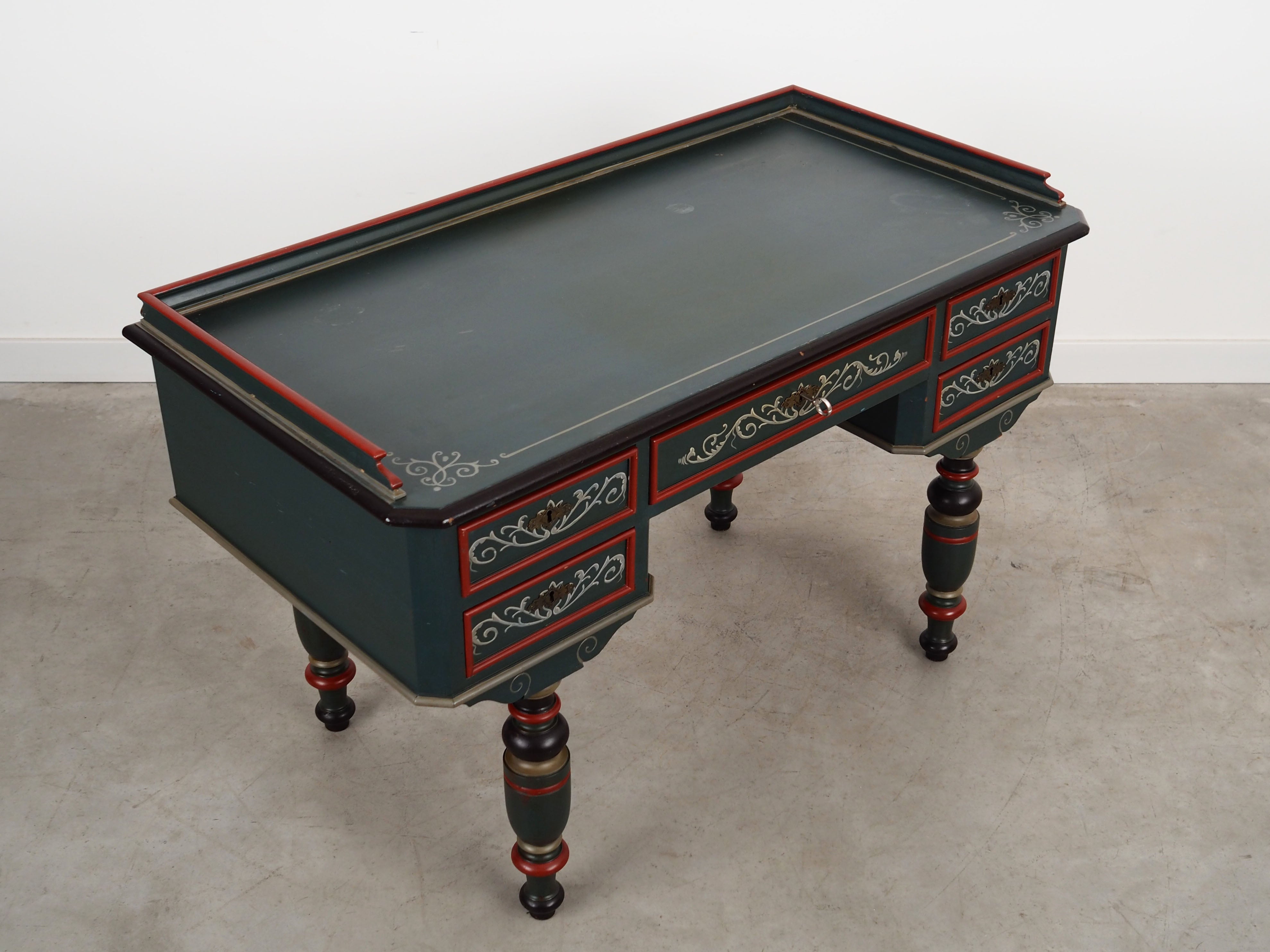 1960s_Danish_Solid_Pine_Desk,_Green_Shabby_Chic_Finish,_Five_Drawers_and_Working_Locks