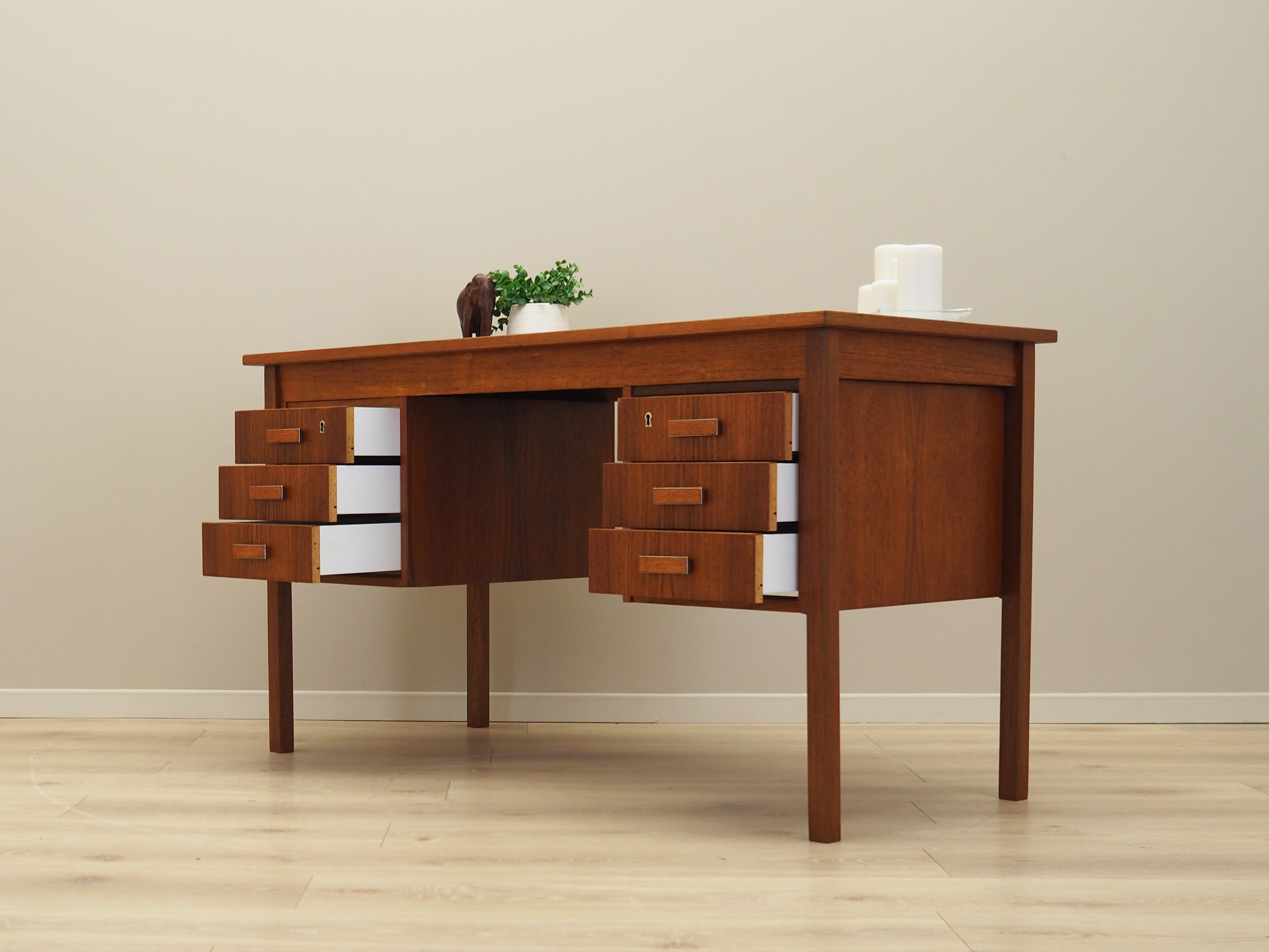1970s_Danish_Mid-Century_Teak_Executive_Desk,_Six_Drawers_and_Wood_Handles_with_Metal_Details