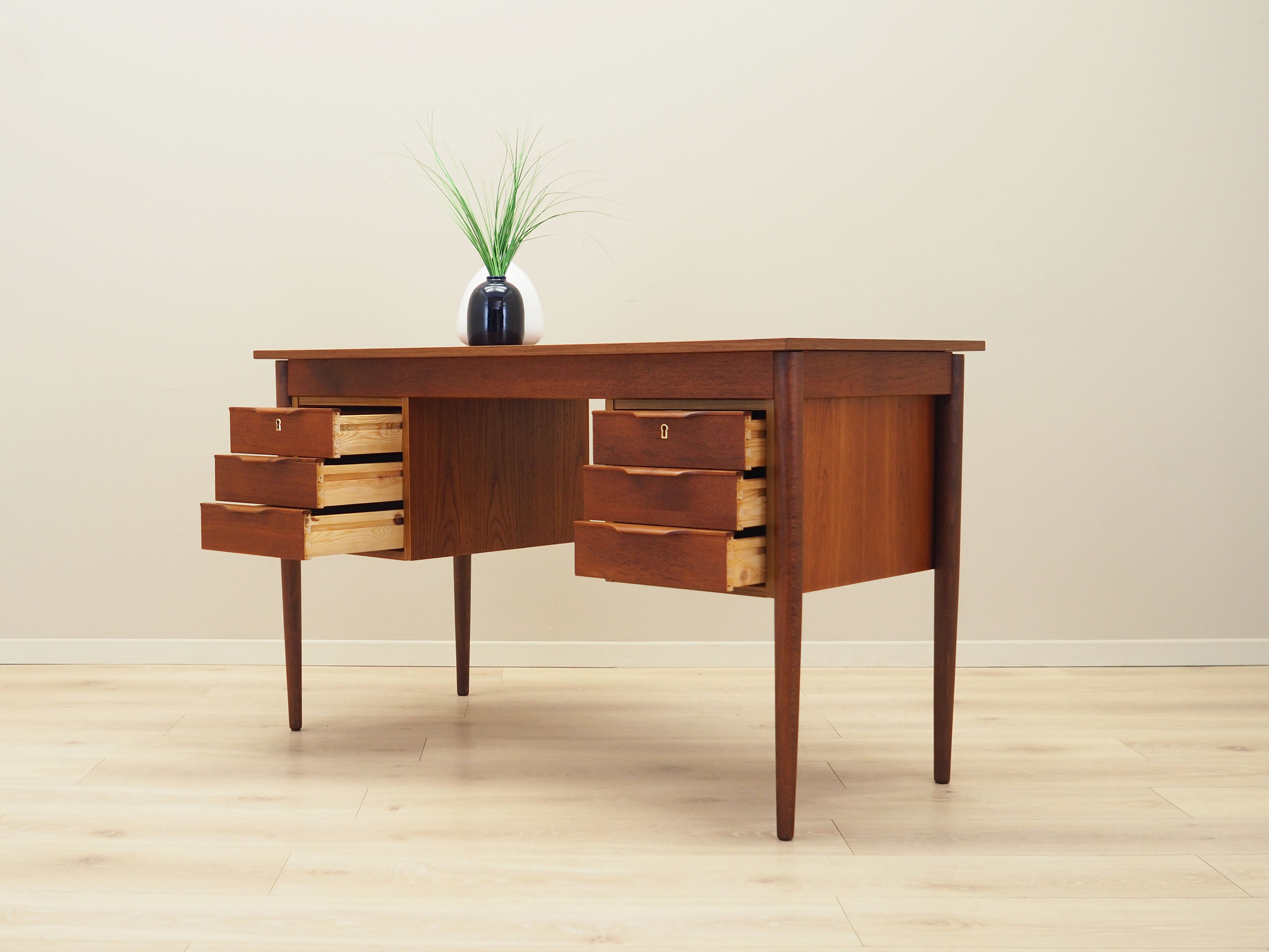 1960s_Danish_Teak_Desk_with_Six_Drawers_and_Solid_Wood_Legs,_Scandinavian_Mid-Century_Modern