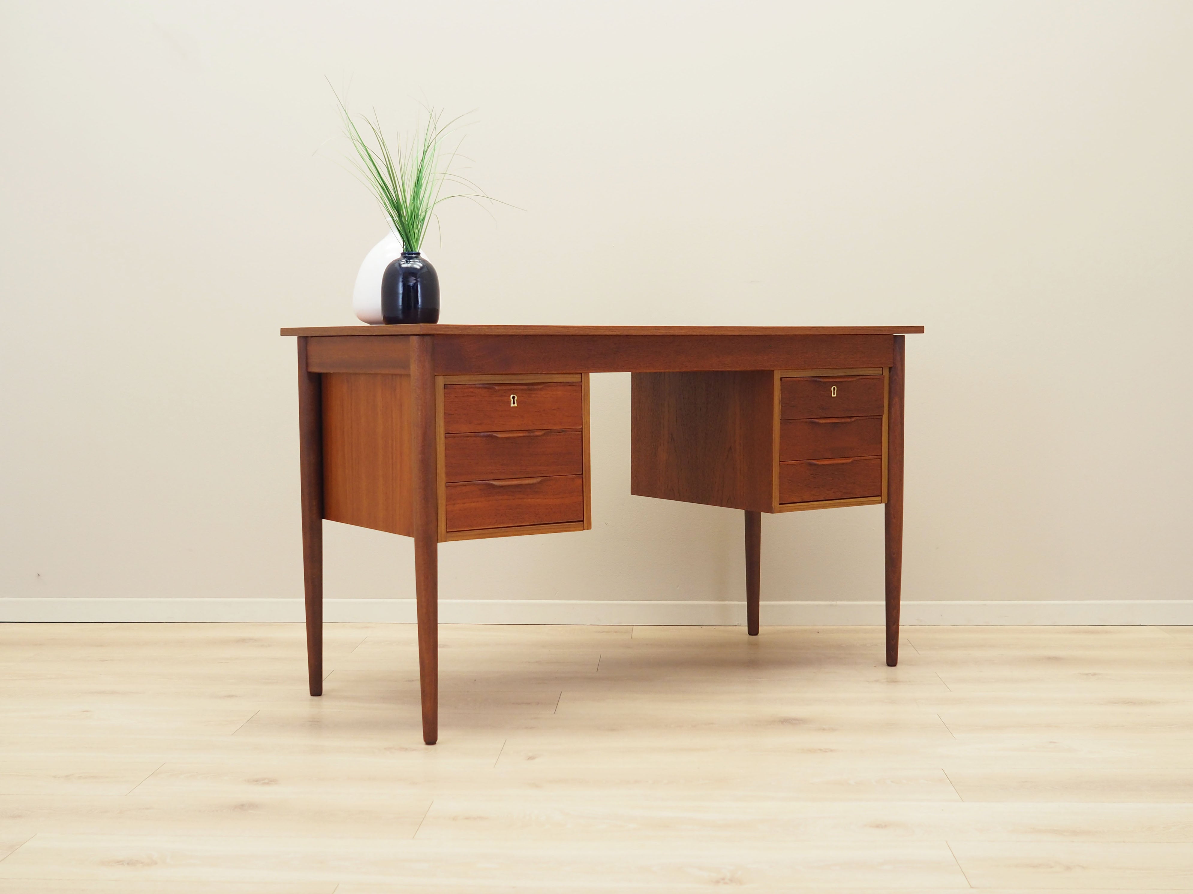 1960s_Danish_Teak_Desk_with_Six_Drawers_and_Solid_Wood_Legs,_Scandinavian_Mid-Century_Modern