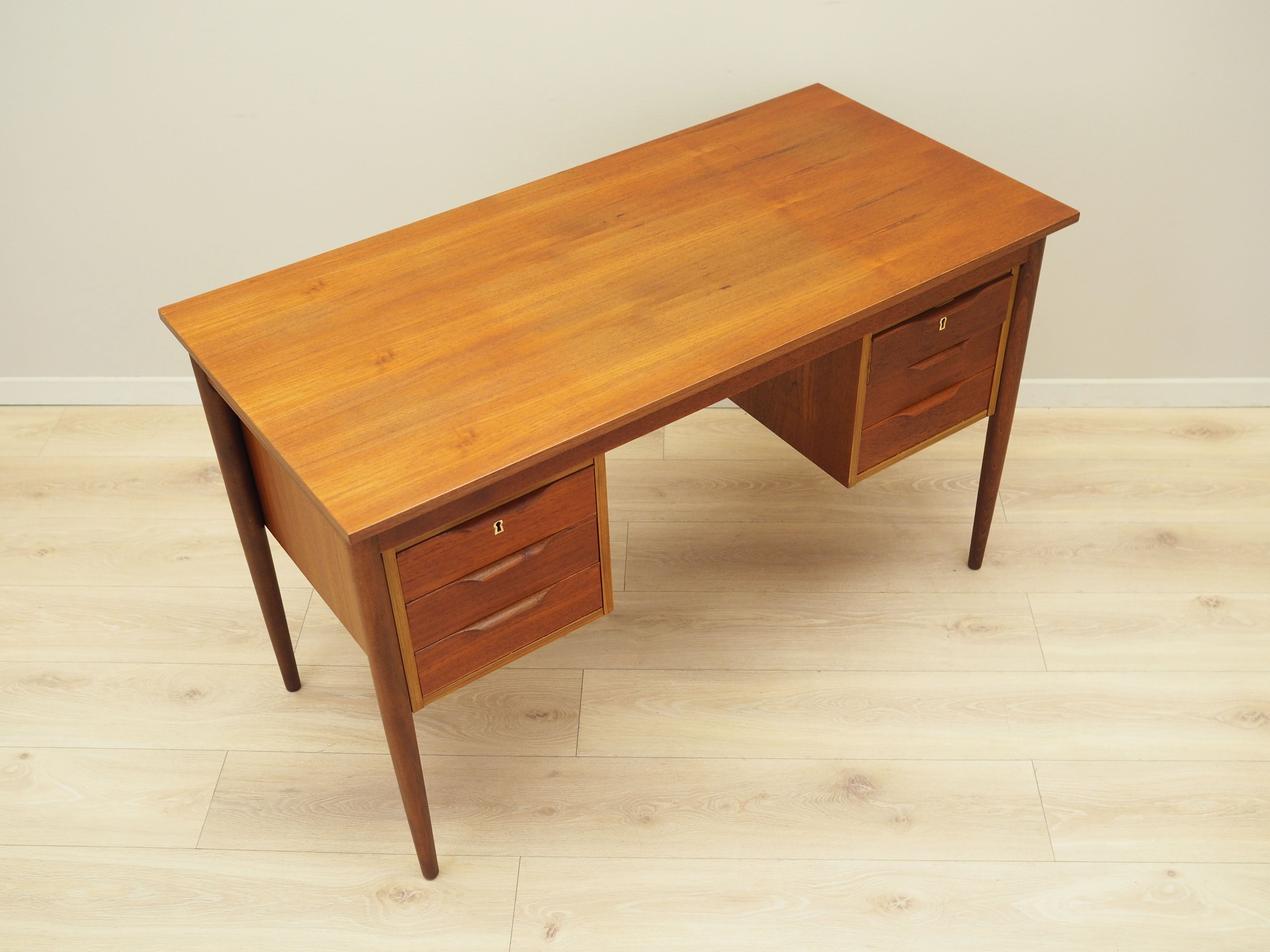 1960s_Danish_Teak_Desk_with_Six_Drawers_and_Solid_Wood_Legs,_Scandinavian_Mid-Century_Modern