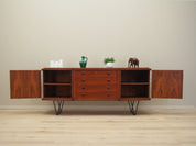 1970s_Danish_Mid-Century_Teak_Sideboard,_Black_Metal_Legs,_Four_Drawers_and_Lockable_Doors