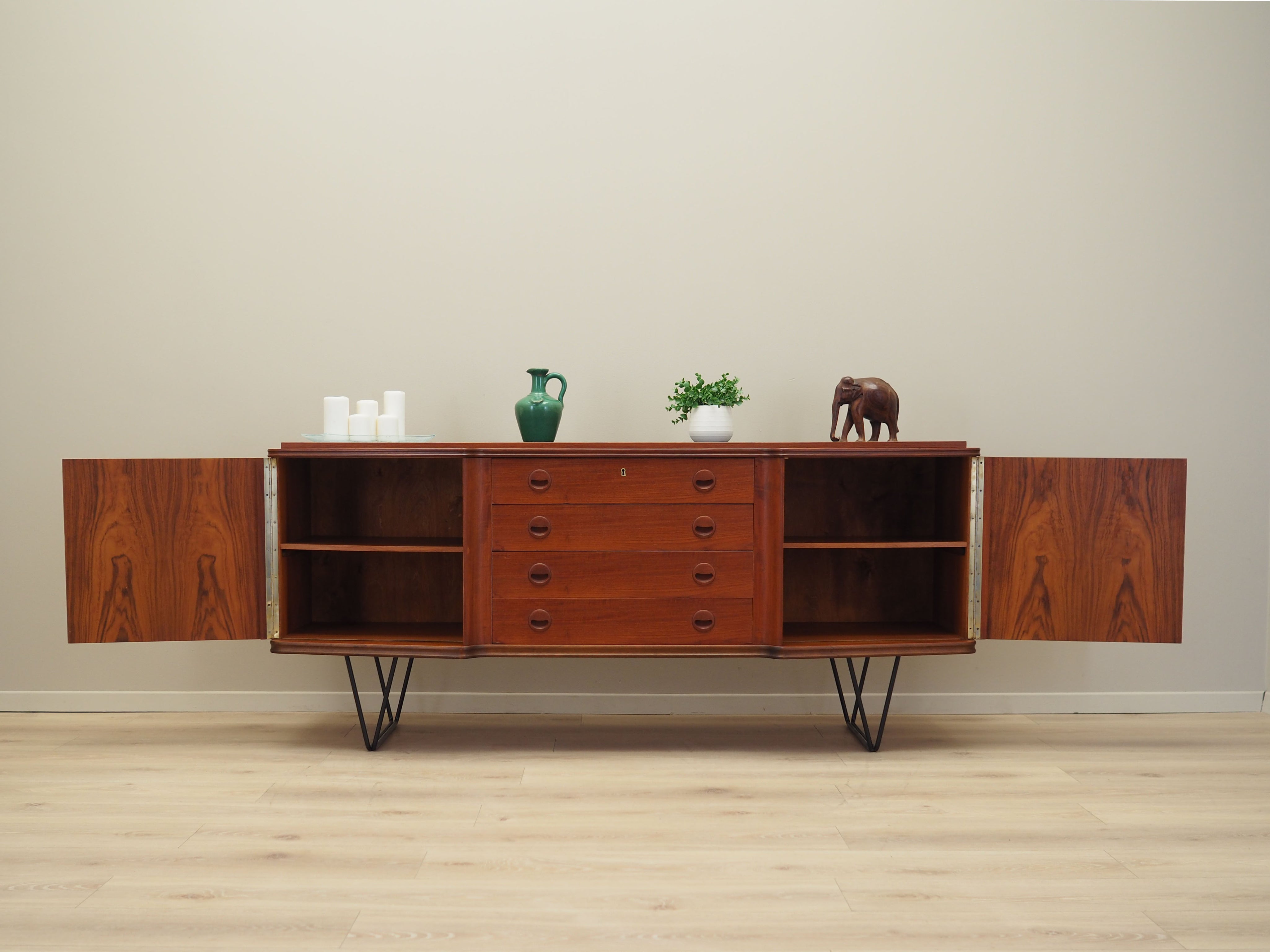 1970s_Danish_Mid-Century_Teak_Sideboard,_Black_Metal_Legs,_Four_Drawers_and_Lockable_Doors