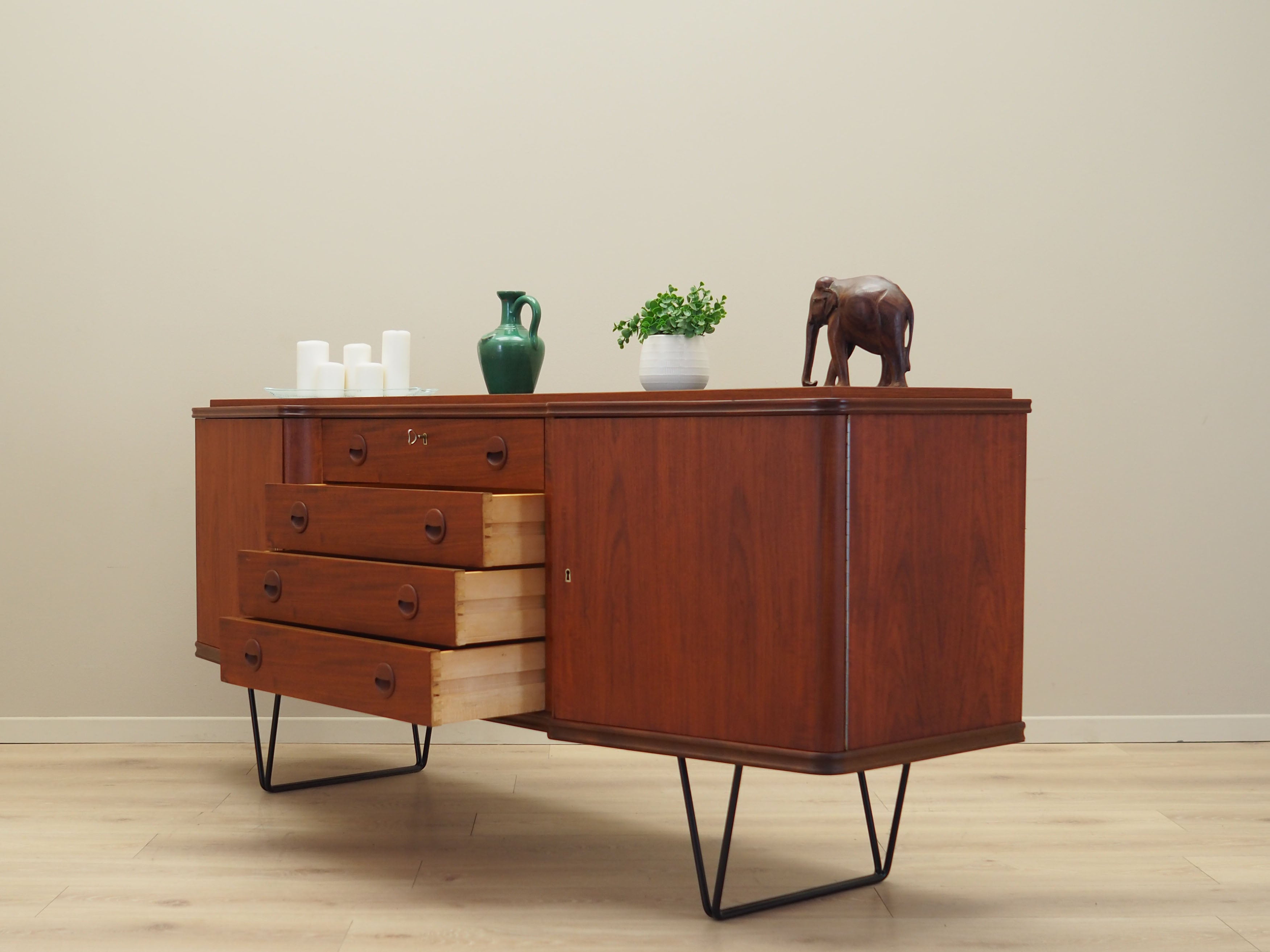 1970s_Danish_Mid-Century_Teak_Sideboard,_Black_Metal_Legs,_Four_Drawers_and_Lockable_Doors