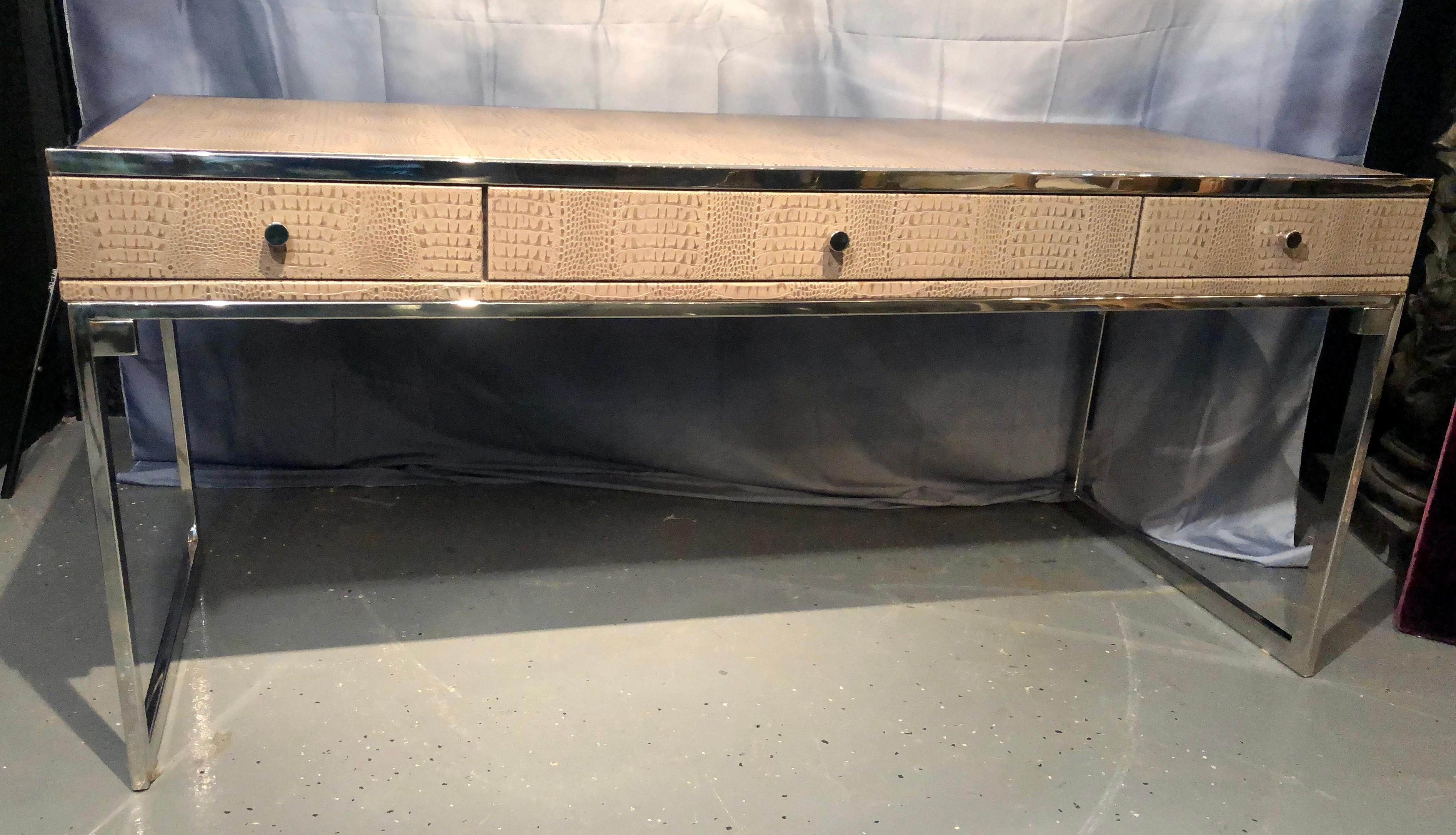 Hollywood_Regency-Style_Desk,_Embossed_Leather_&_Chrome_Frame,_2000s_USA