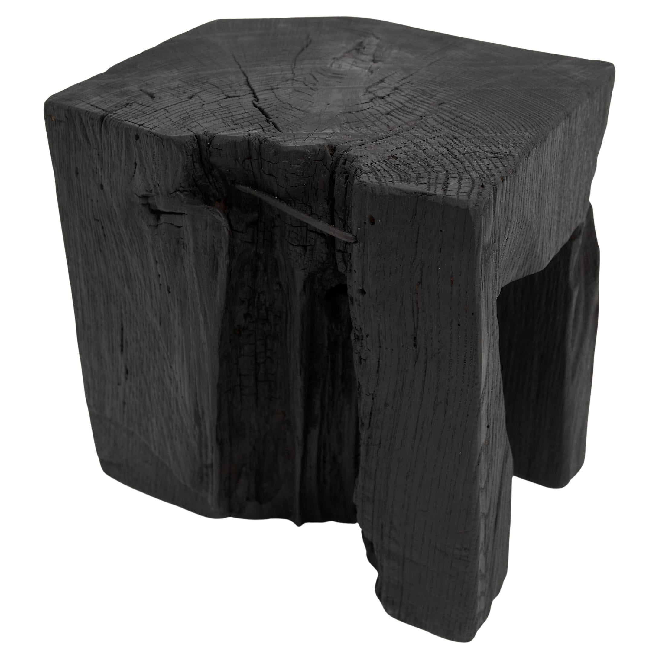 Rustic_Sculptural_Side_Table,_Stool,_Burnt_Black_Oak_Wood,_Logniture
